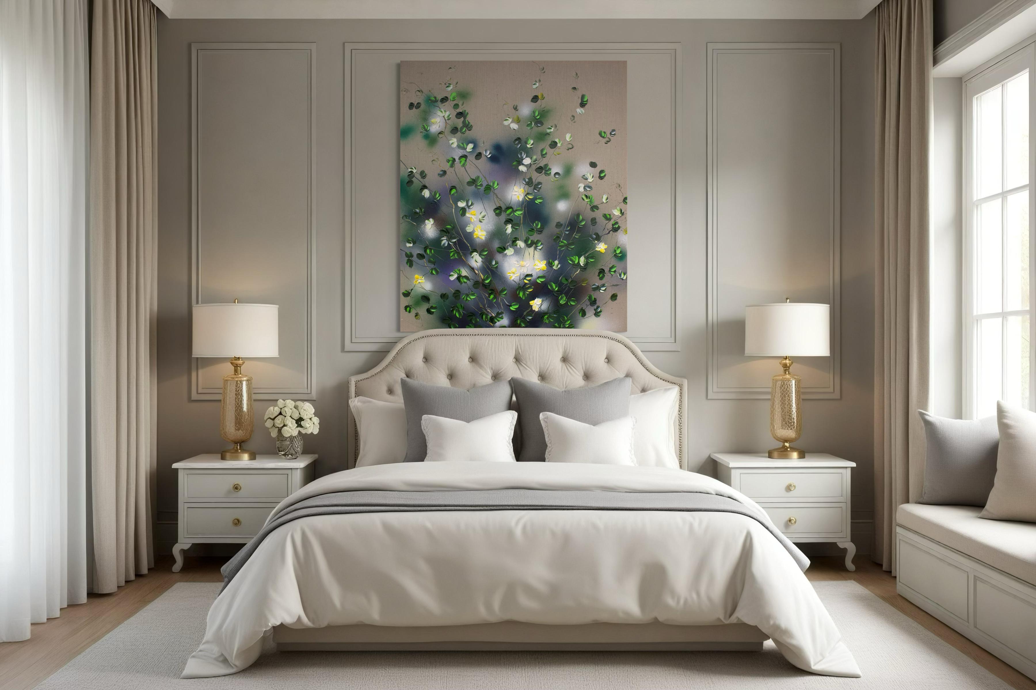 Fleurs jaunes -  Très grande peinture impressionniste sur toile de lin avec roses en vente 6