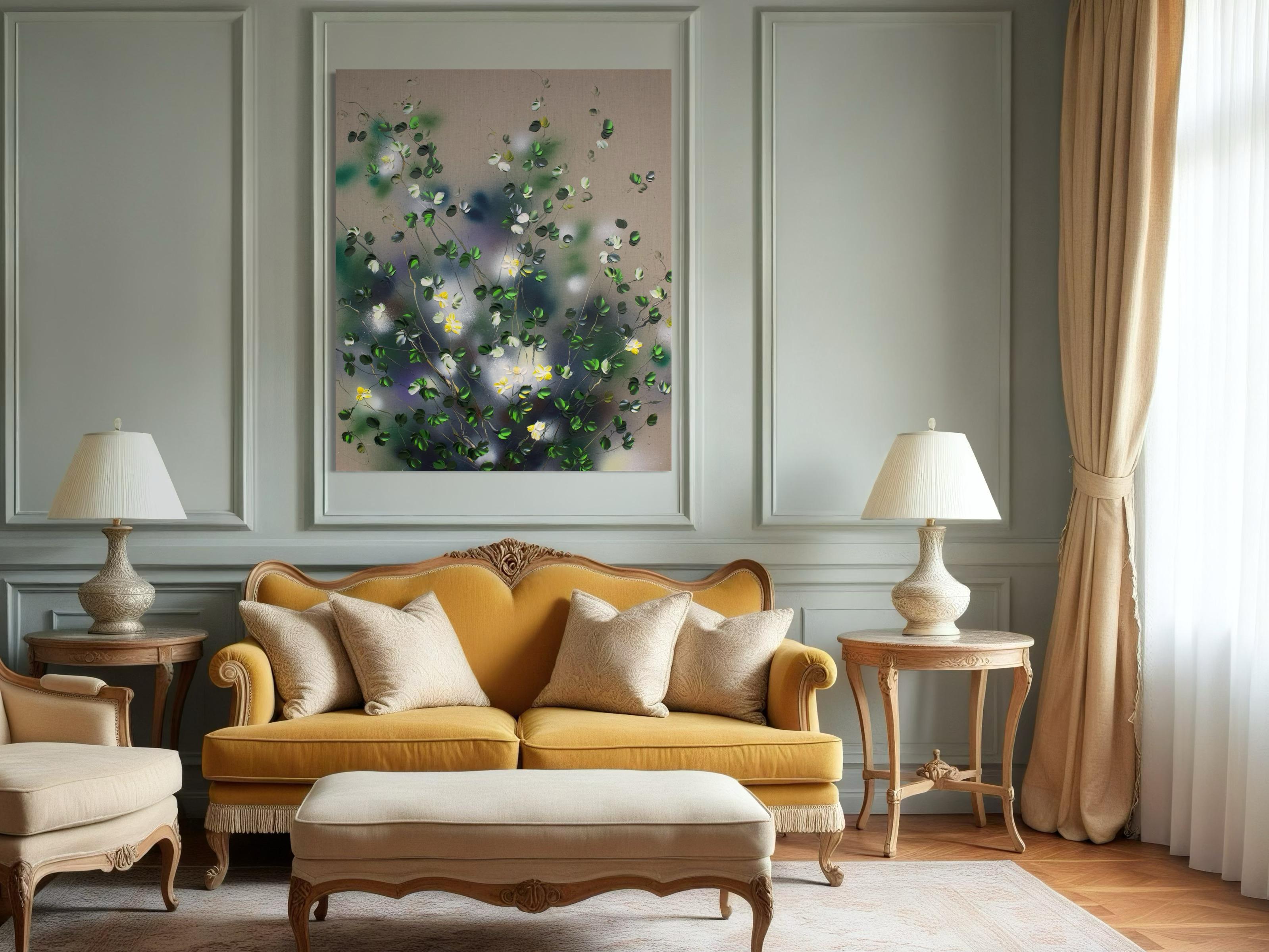 Fleurs jaunes -  Très grande peinture impressionniste sur toile de lin avec roses en vente 7