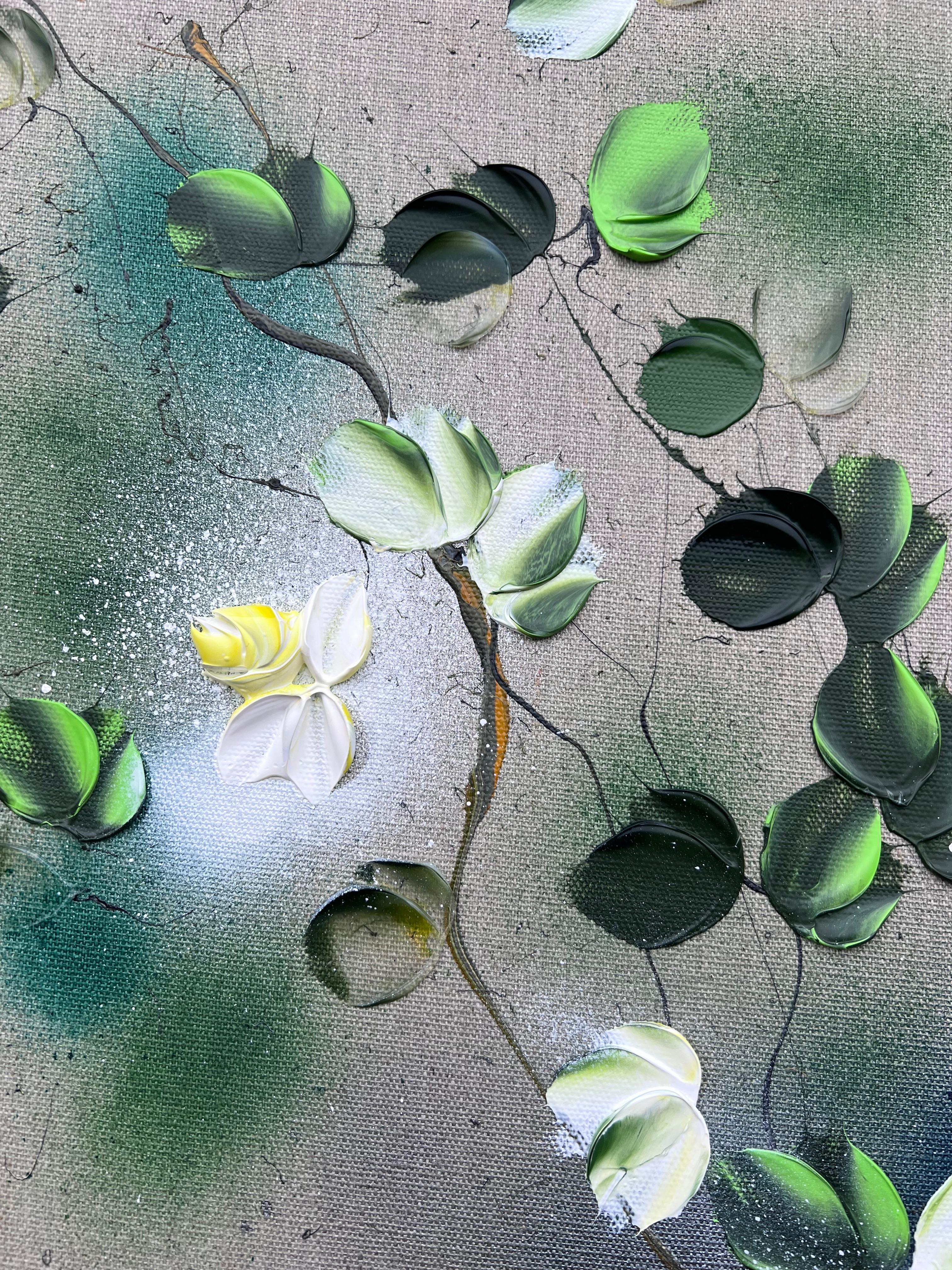 Fleurs jaunes -  Très grande peinture impressionniste sur toile de lin avec roses en vente 8