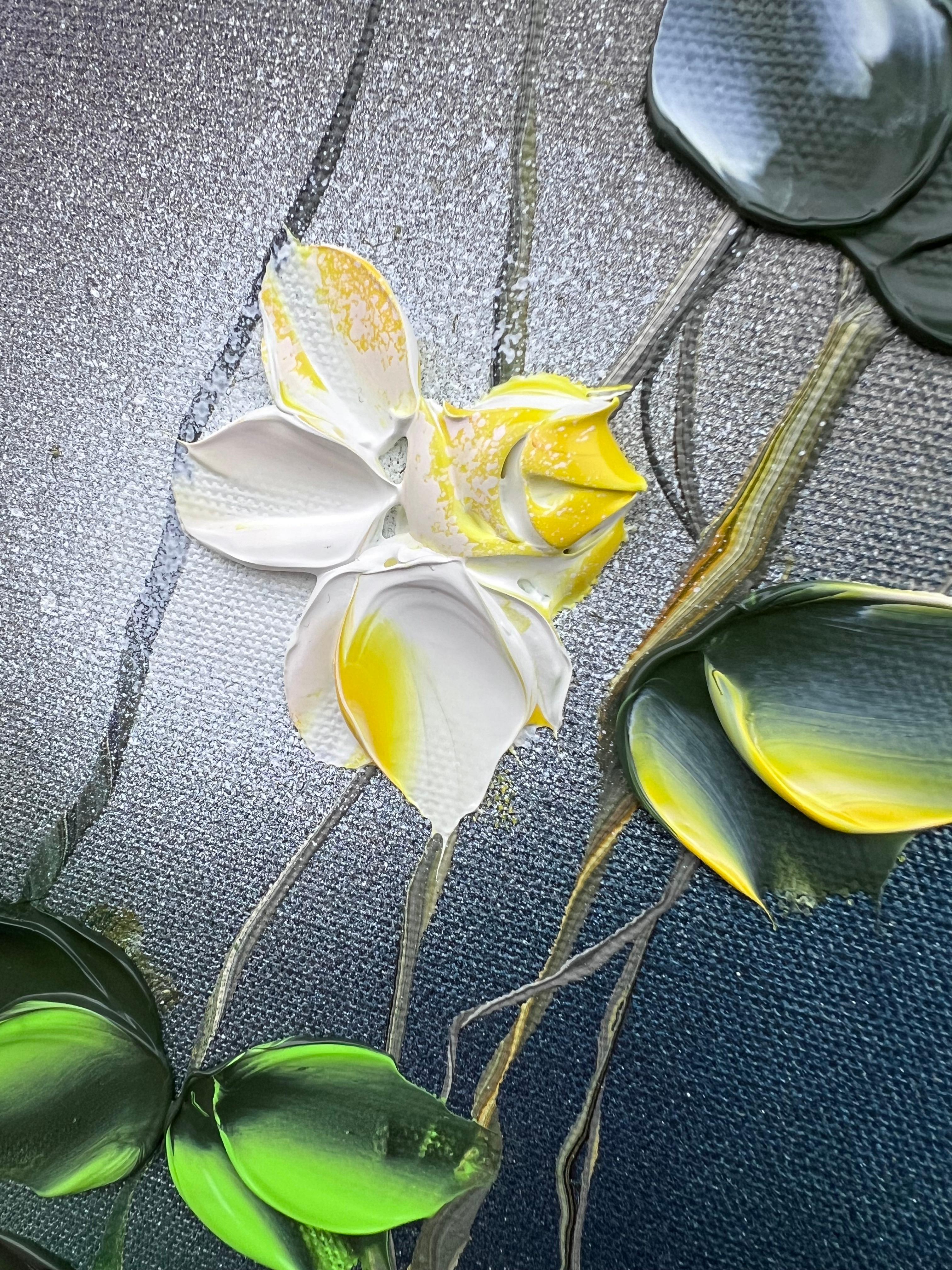 Fleurs jaunes -  Très grande peinture impressionniste sur toile de lin avec roses en vente 10