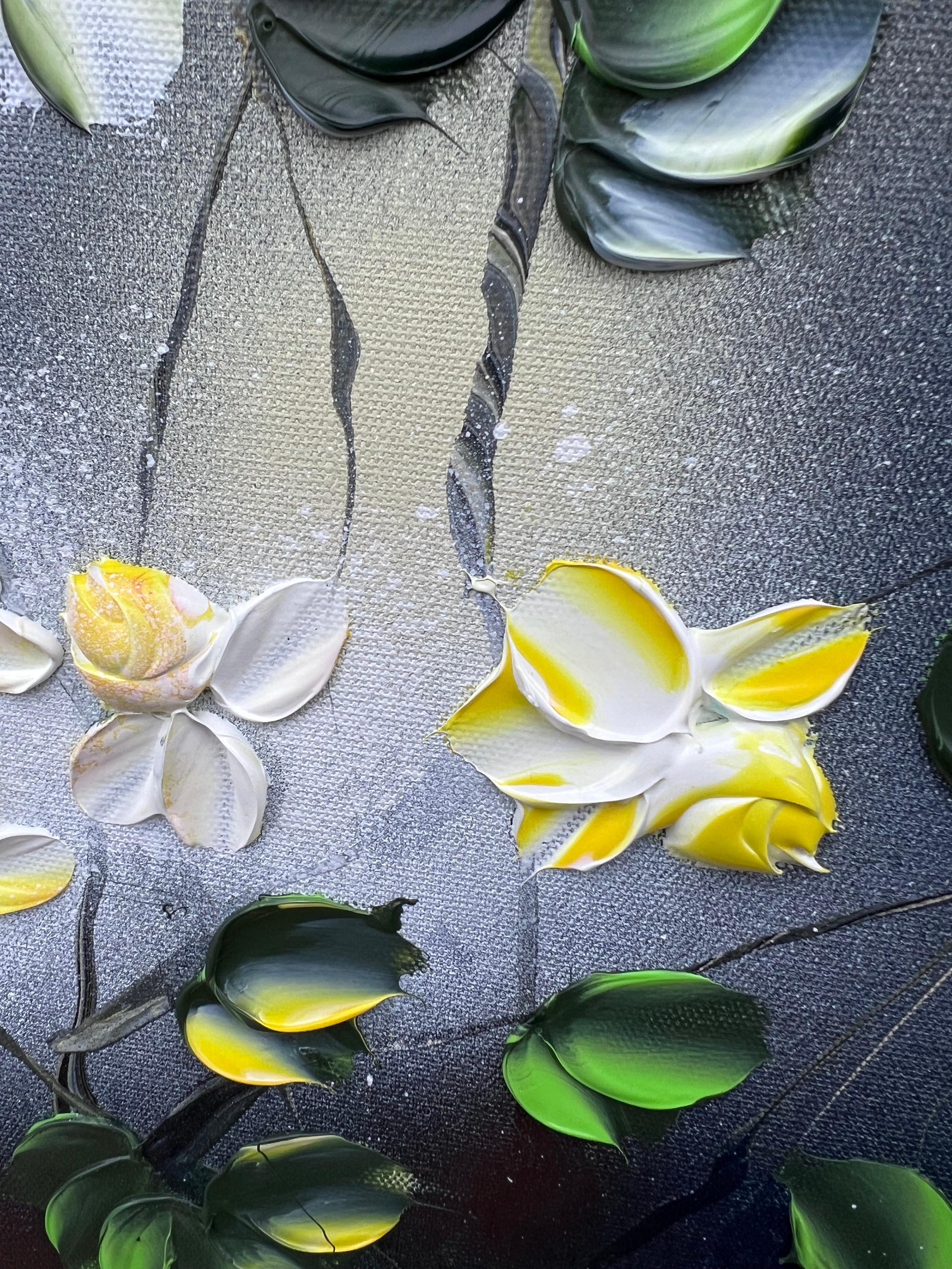 Fleurs jaunes -  Très grande peinture impressionniste sur toile de lin avec roses - Painting de Anastassia Skopp