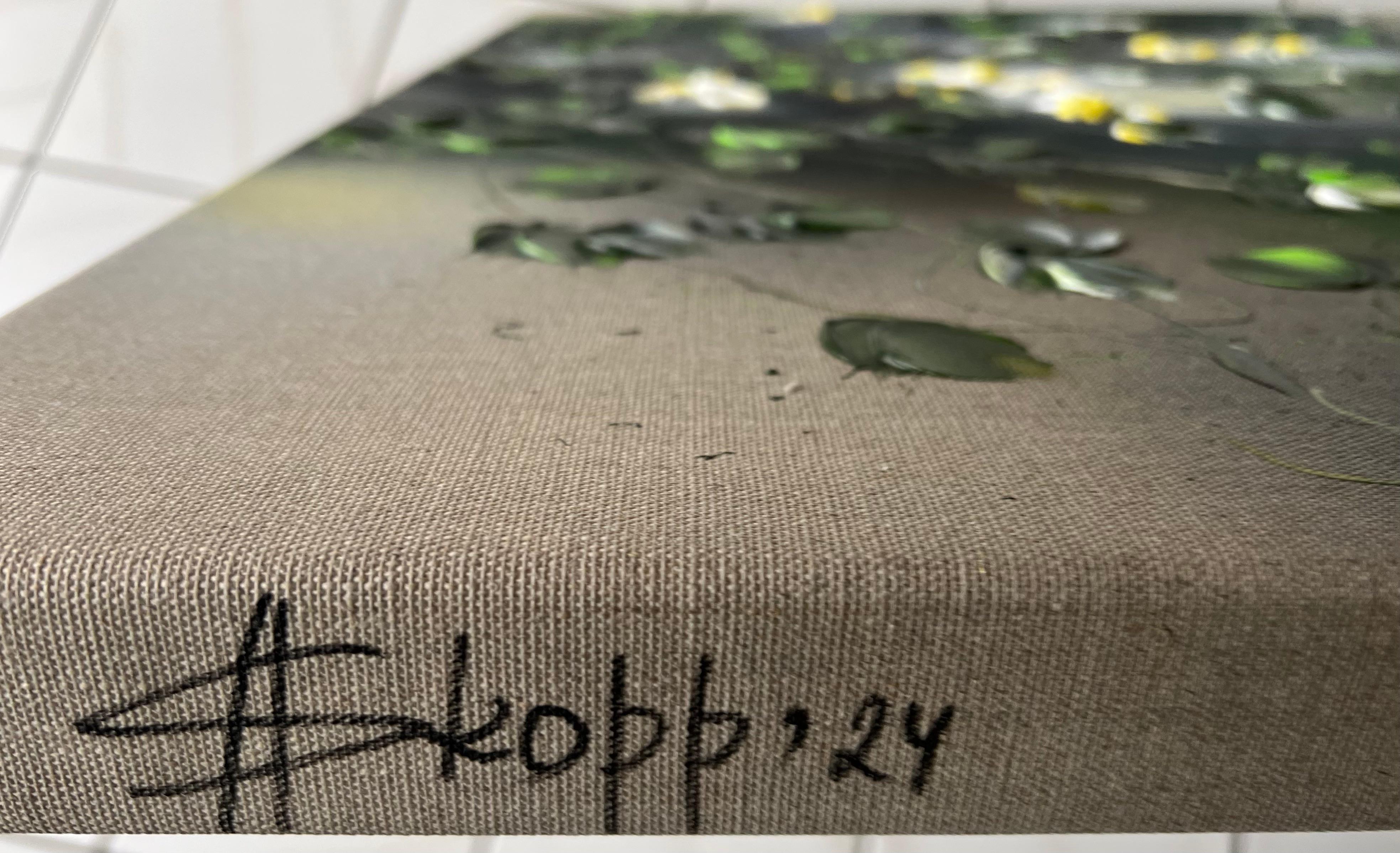 Fleurs jaunes -  Très grande peinture impressionniste sur toile de lin avec roses en vente 2