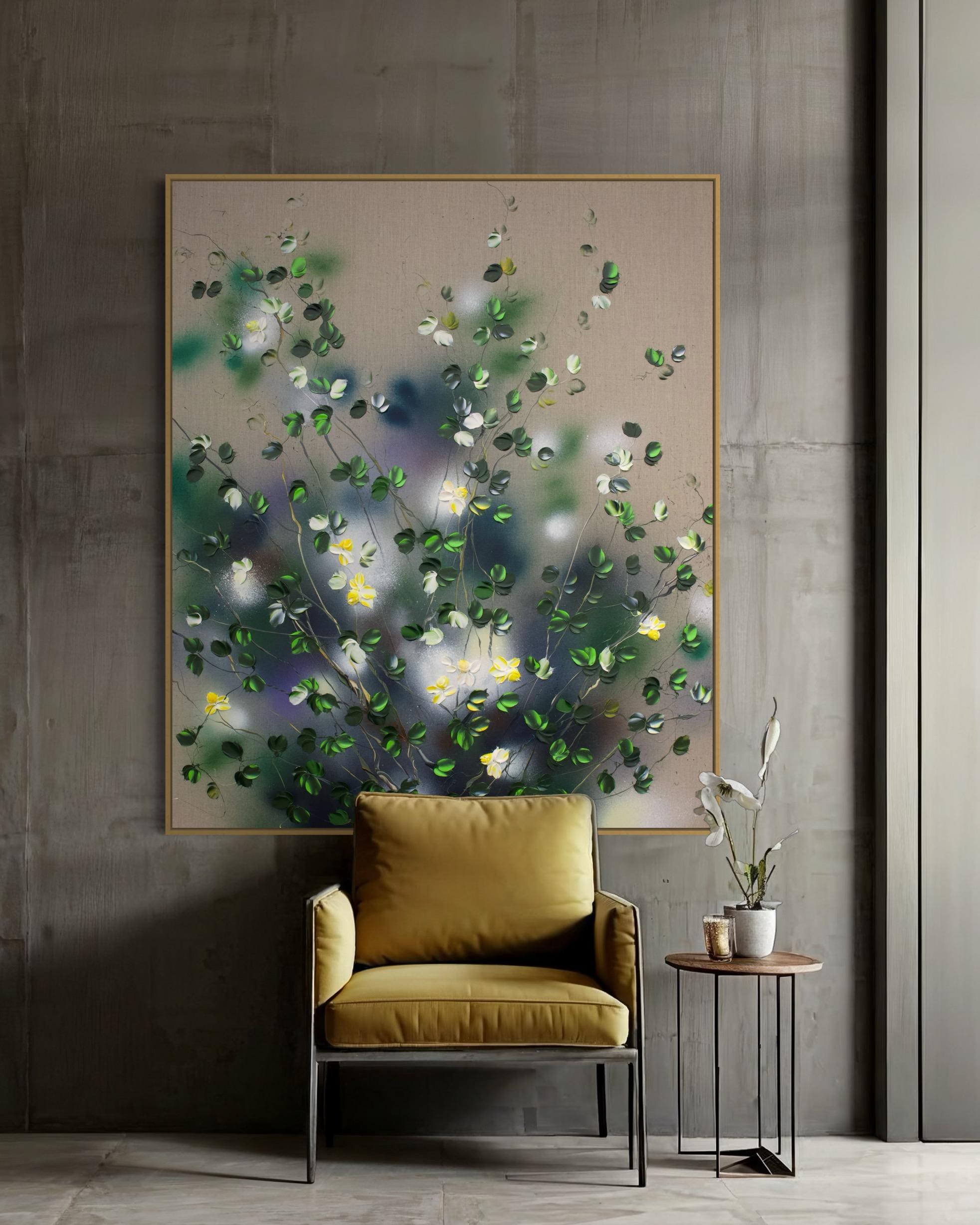Fleurs jaunes -  Très grande peinture impressionniste sur toile de lin avec roses en vente 3