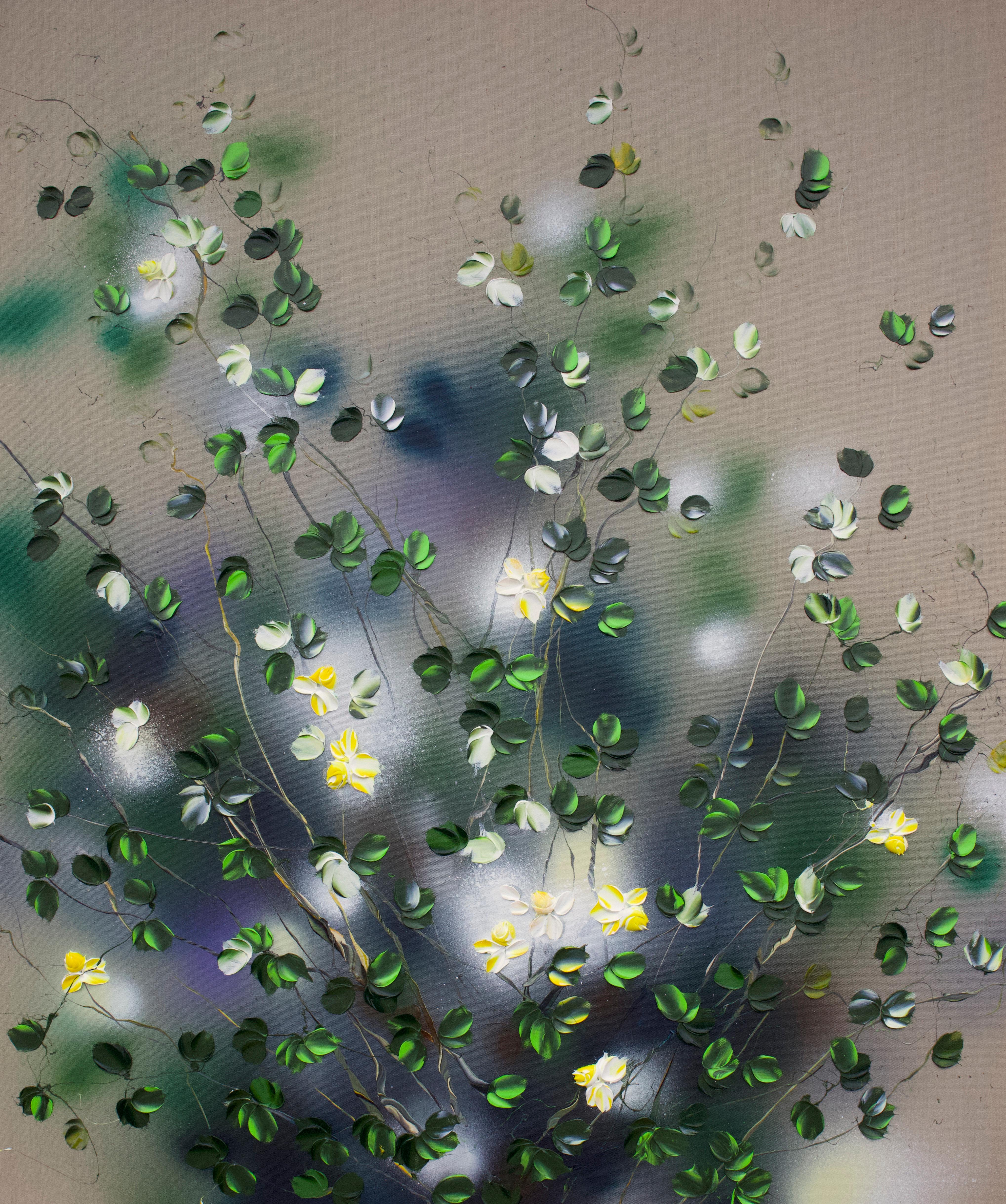 Fiori gialli -  dipinto impressionistico di grandi dimensioni su tela di lino con rose