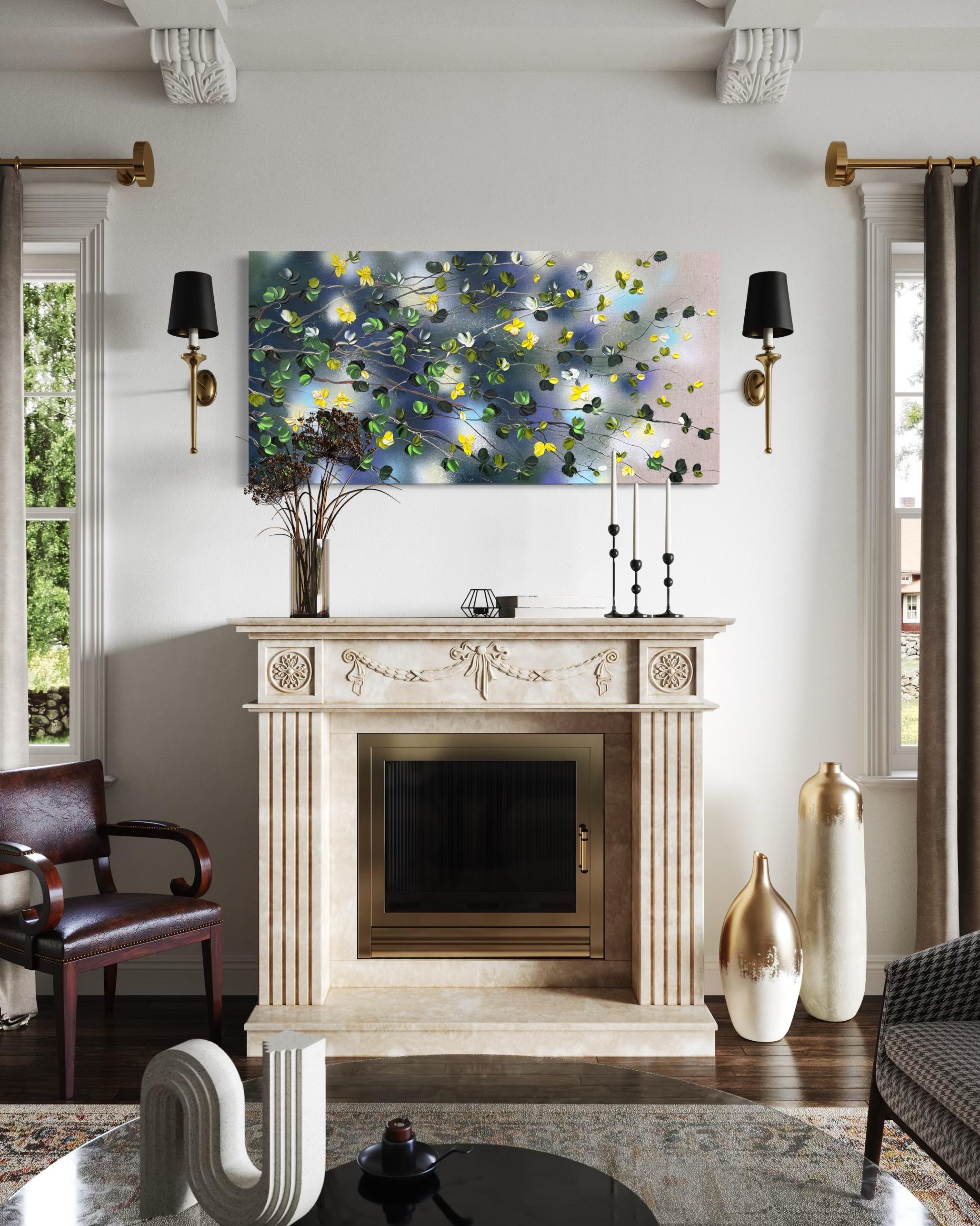 Paesaggio con rose gialle - quadro impressionista su tela di lino con rose in vendita 7