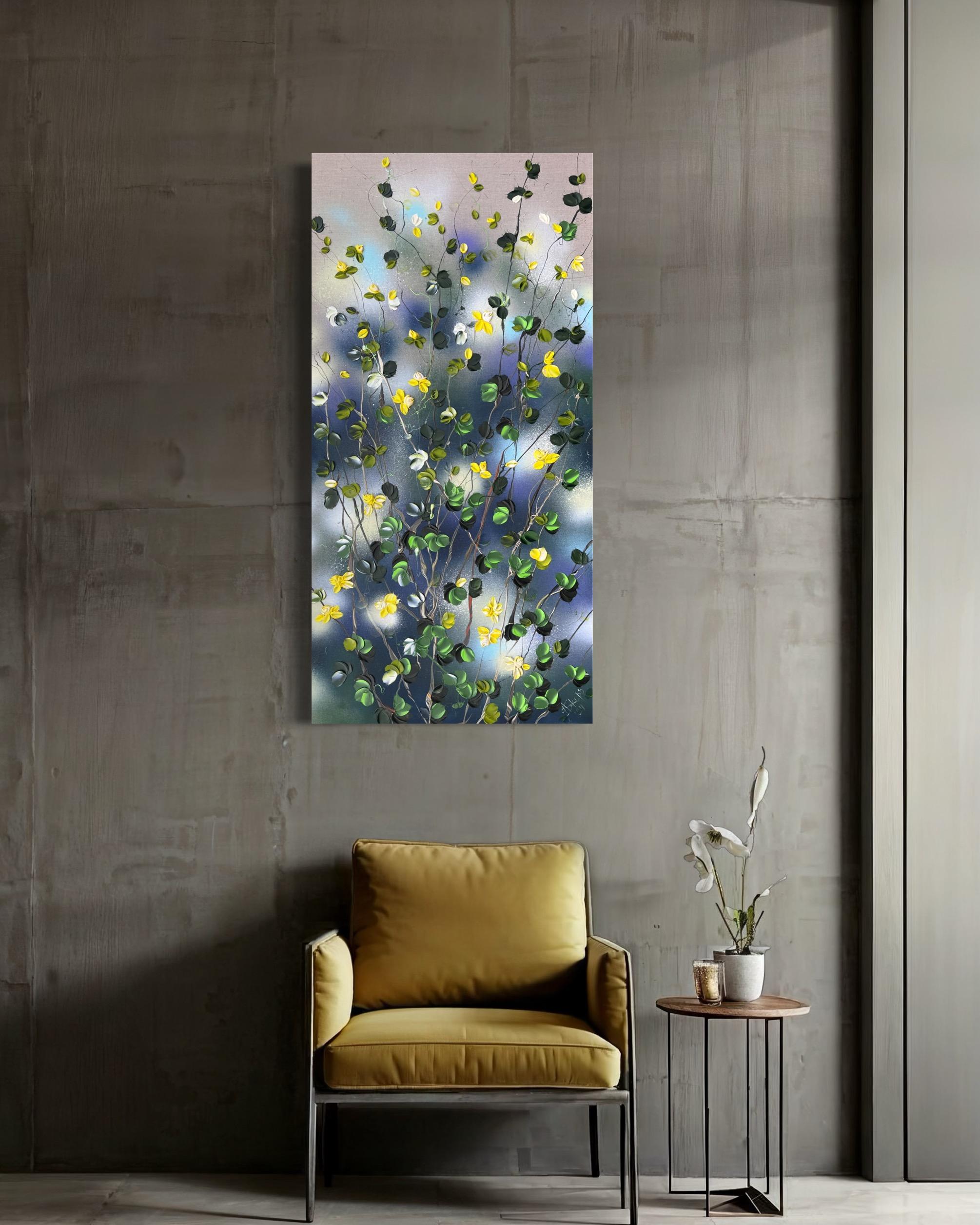 Paesaggio con rose gialle - quadro impressionista su tela di lino con rose in vendita 8