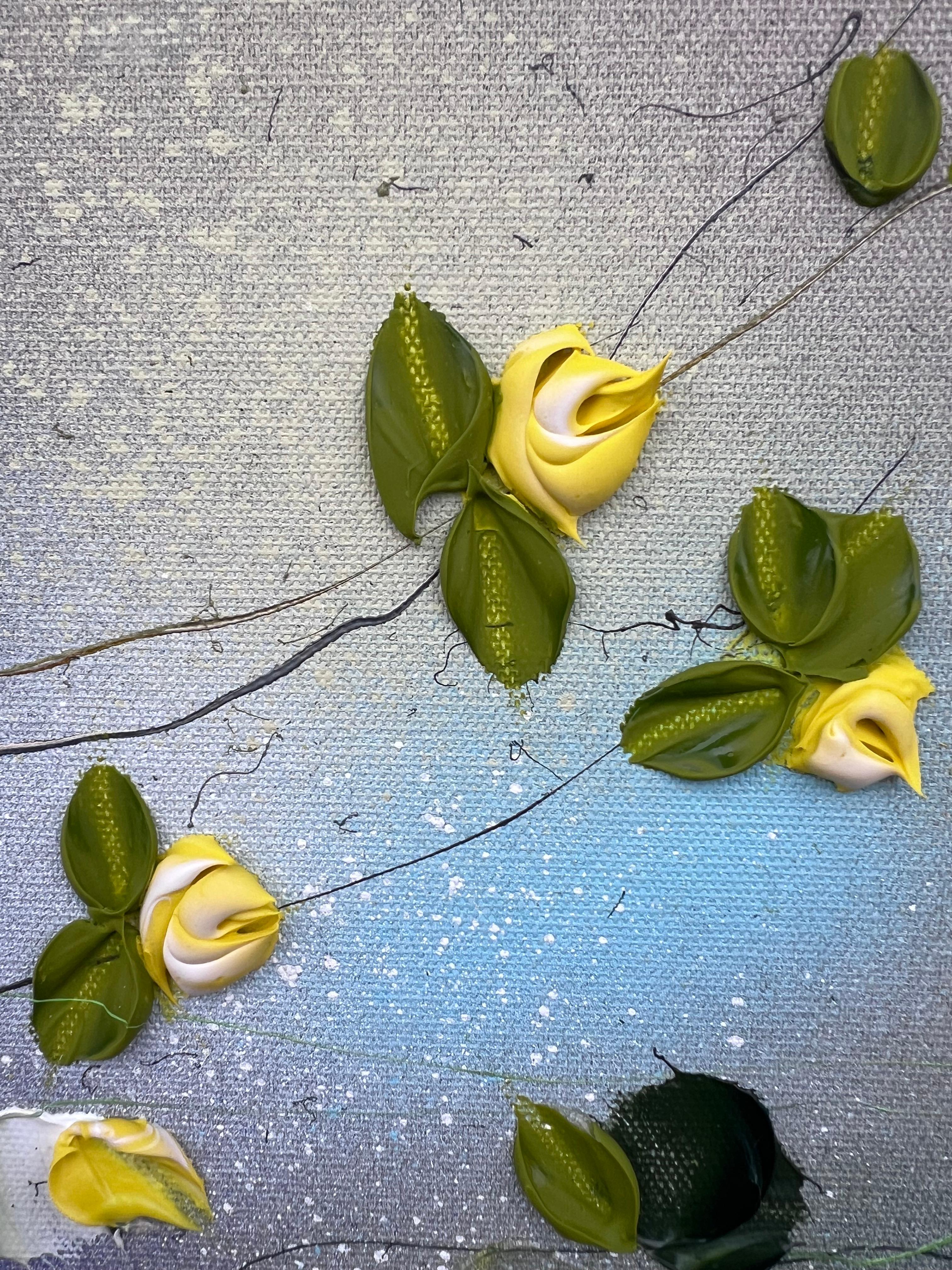 Paesaggio con rose gialle - quadro impressionista su tela di lino con rose - Painting di Anastassia Skopp