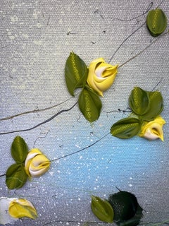 Yellow Roses Landscape - impressionistic painting on linen canvas with roses