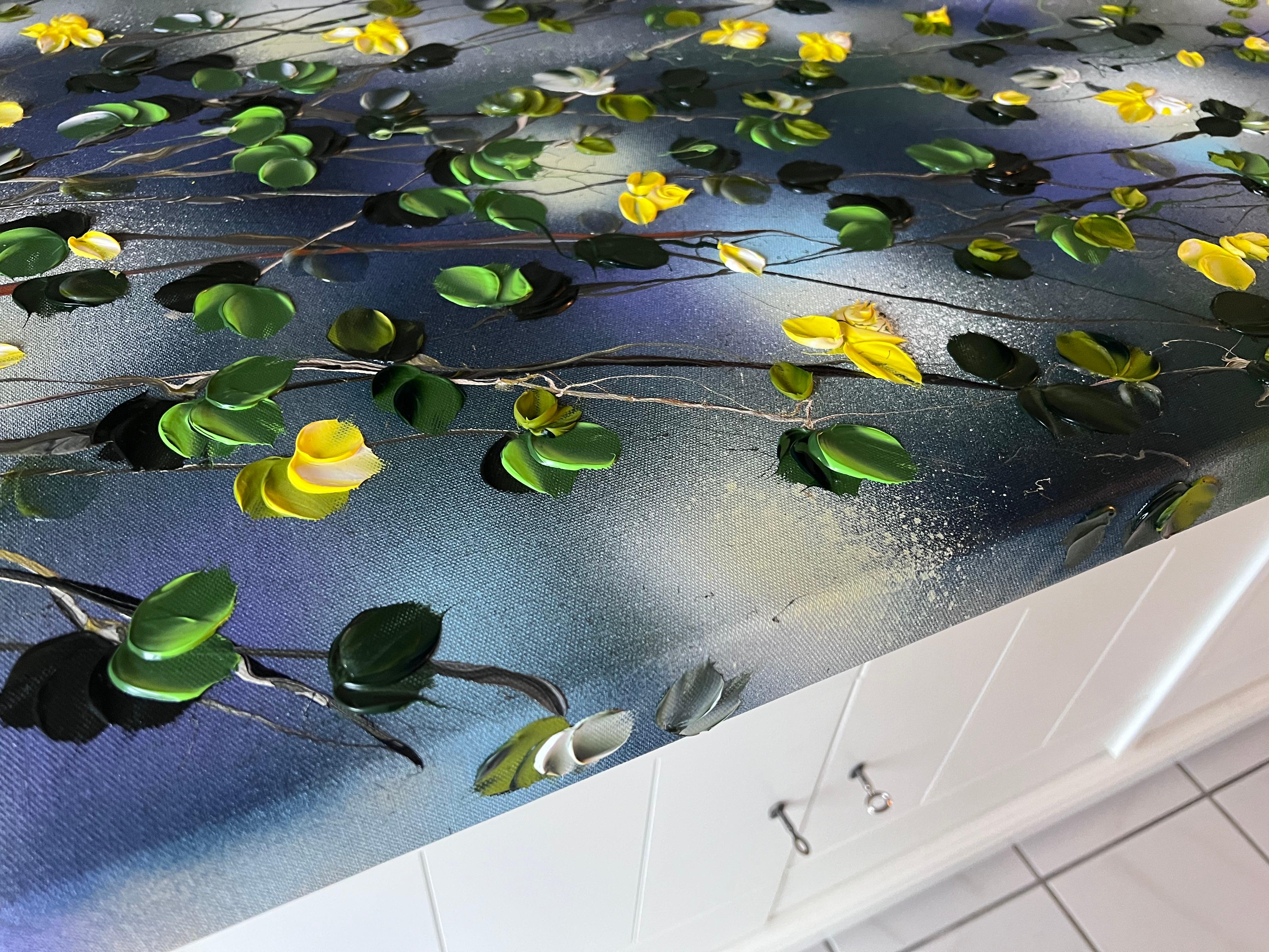 Paesaggio con rose gialle - quadro impressionista su tela di lino con rose - Painting Impressionismo astratto di Anastassia Skopp