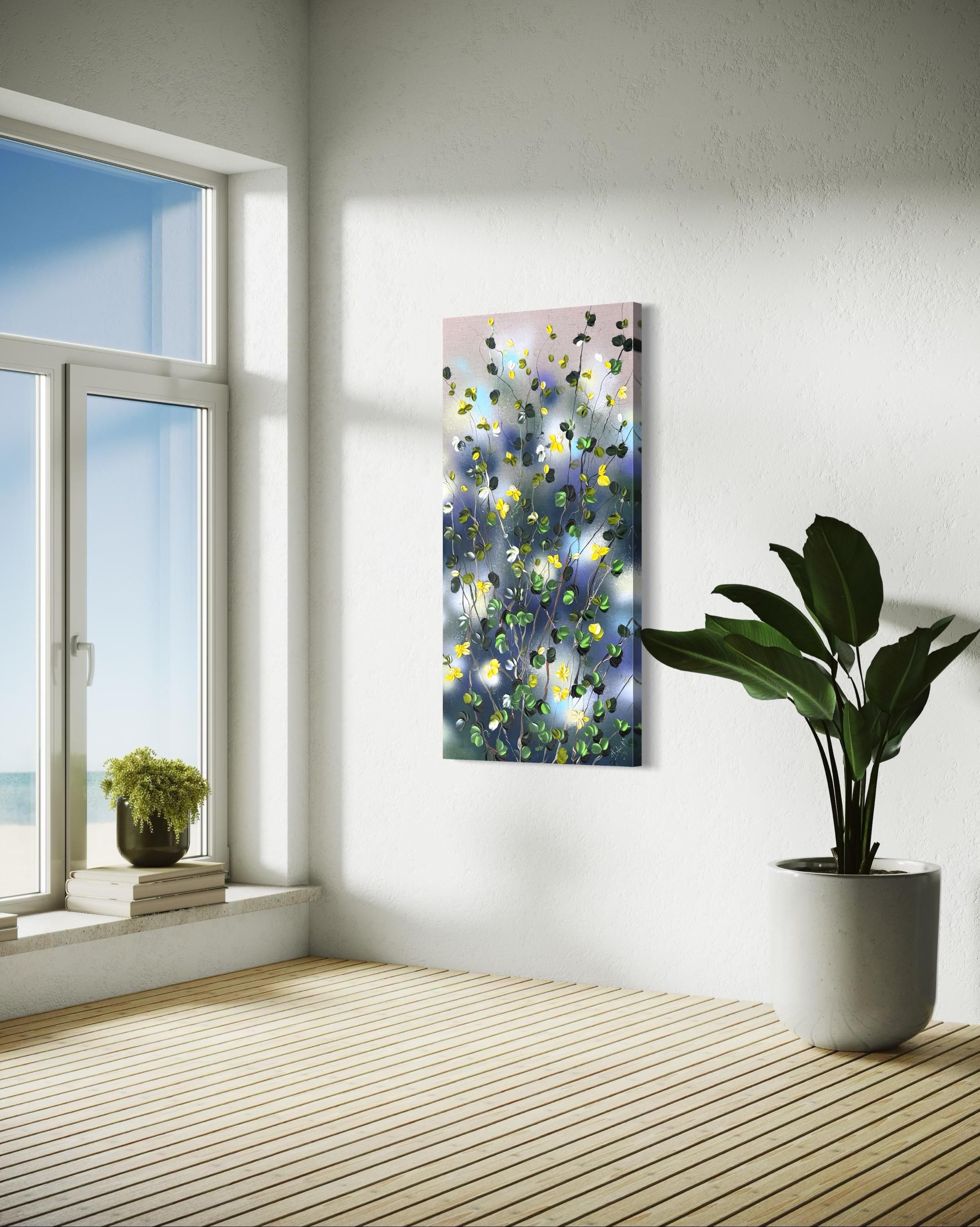 Paesaggio con rose gialle - quadro impressionista su tela di lino con rose in vendita 1