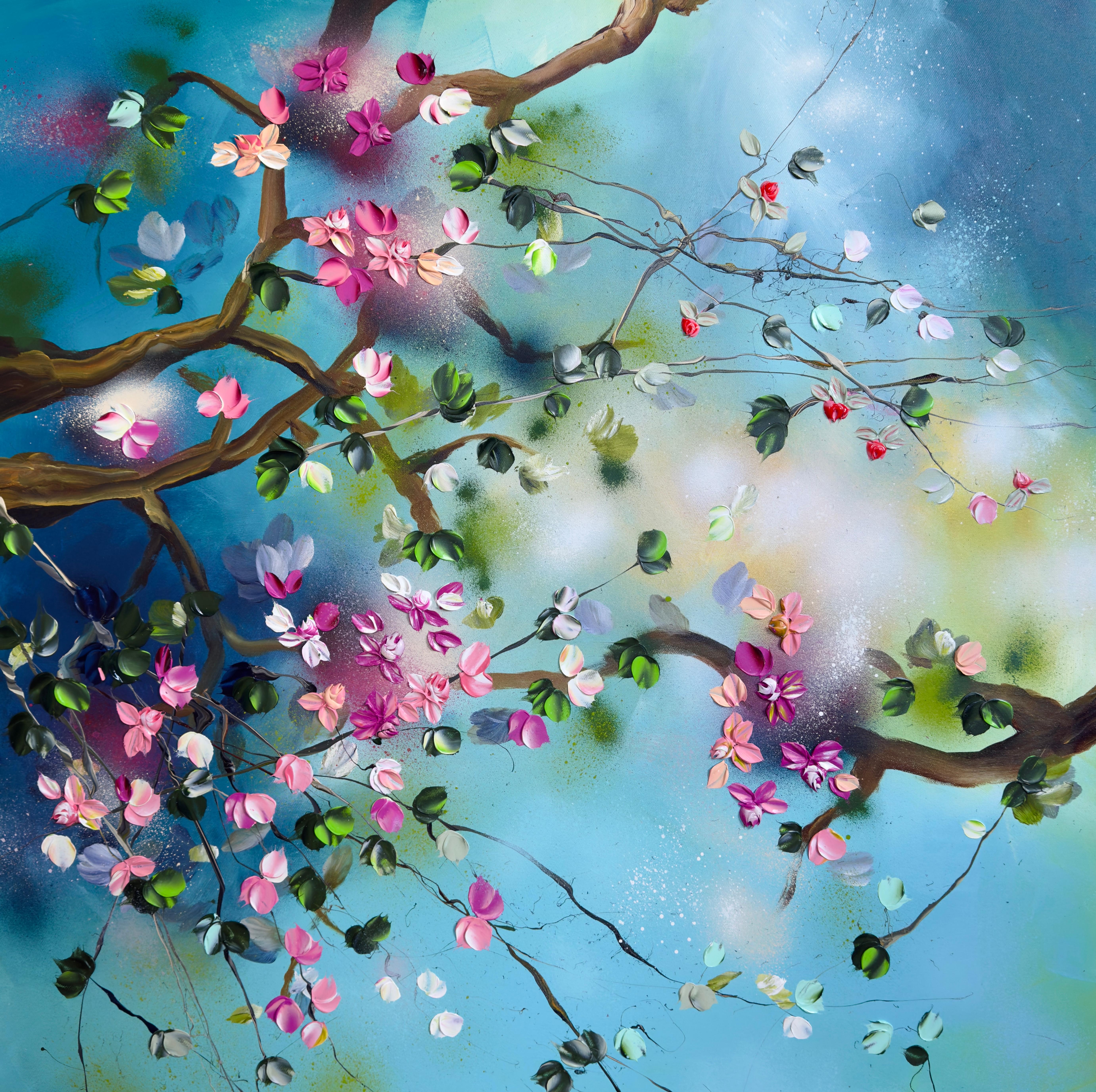 „A Dreamy Morning“ Originales impressionistisches Gemälde mit Blumen auf Leinwand