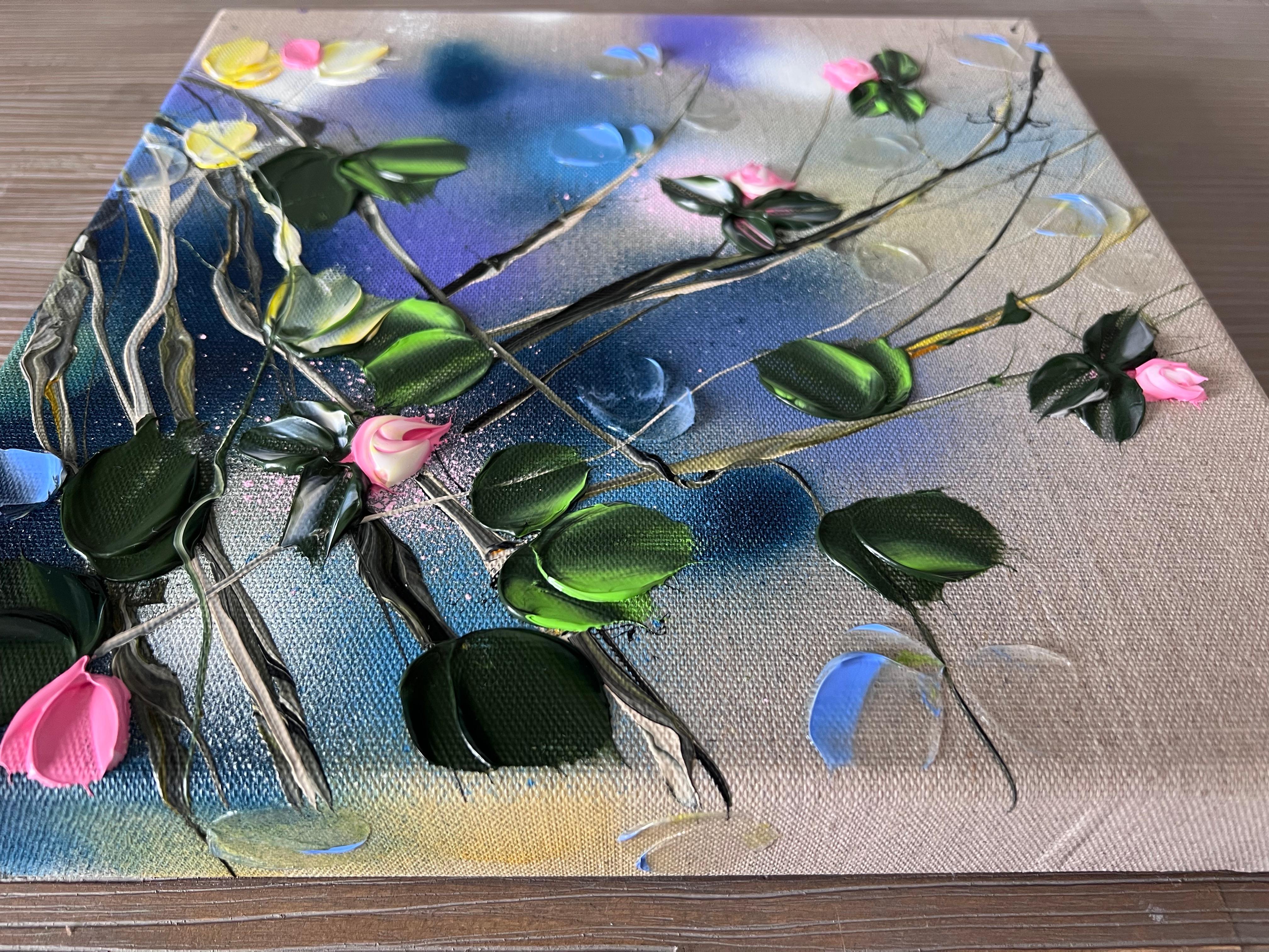 A Piece of Garden - small floral original artwork with impressionistic flowers - Abstract Painting by Anastassia Skopp