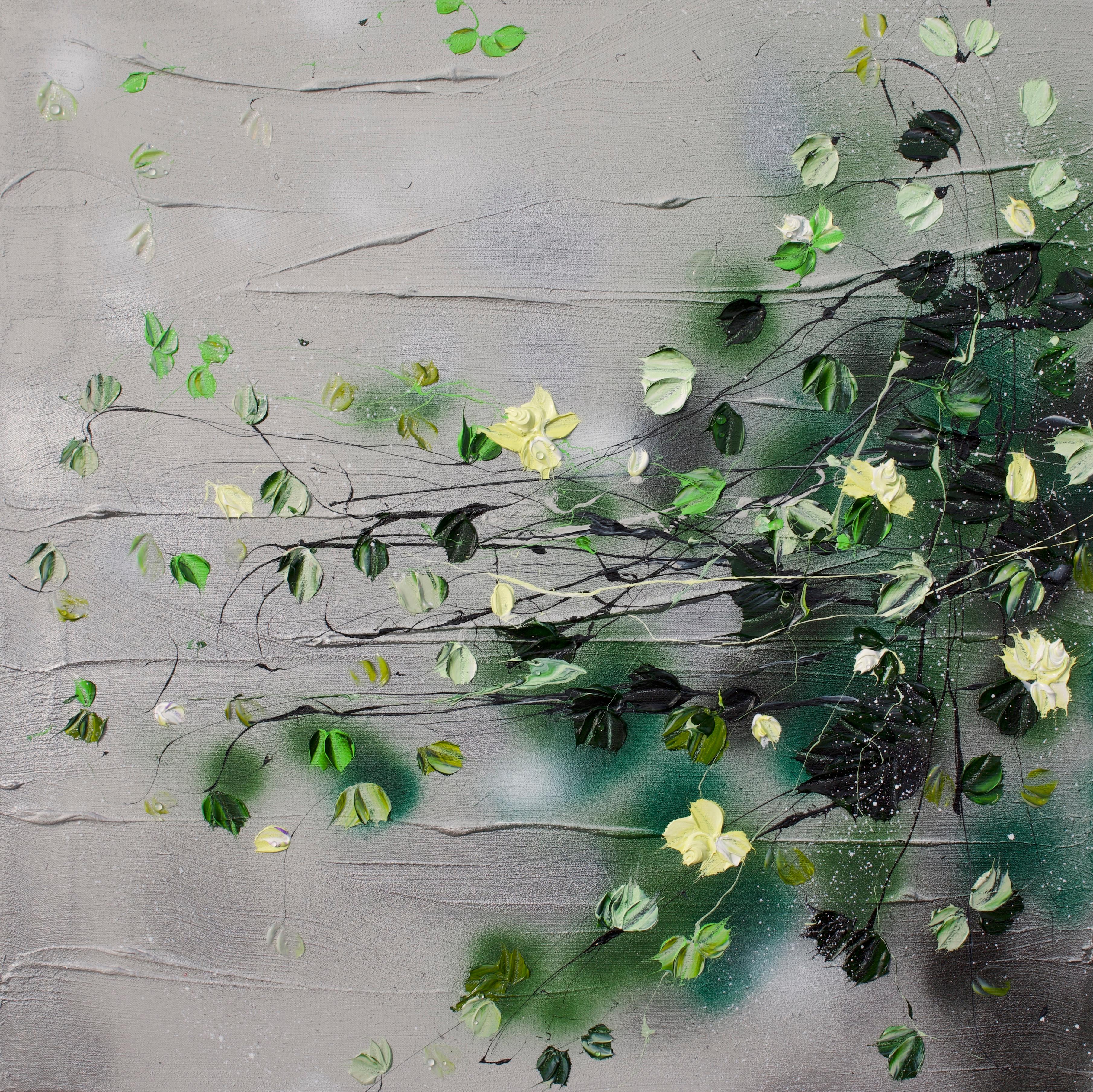 Anastassia Skopp Abstract Painting - "After Rain III" grey yellow floral art