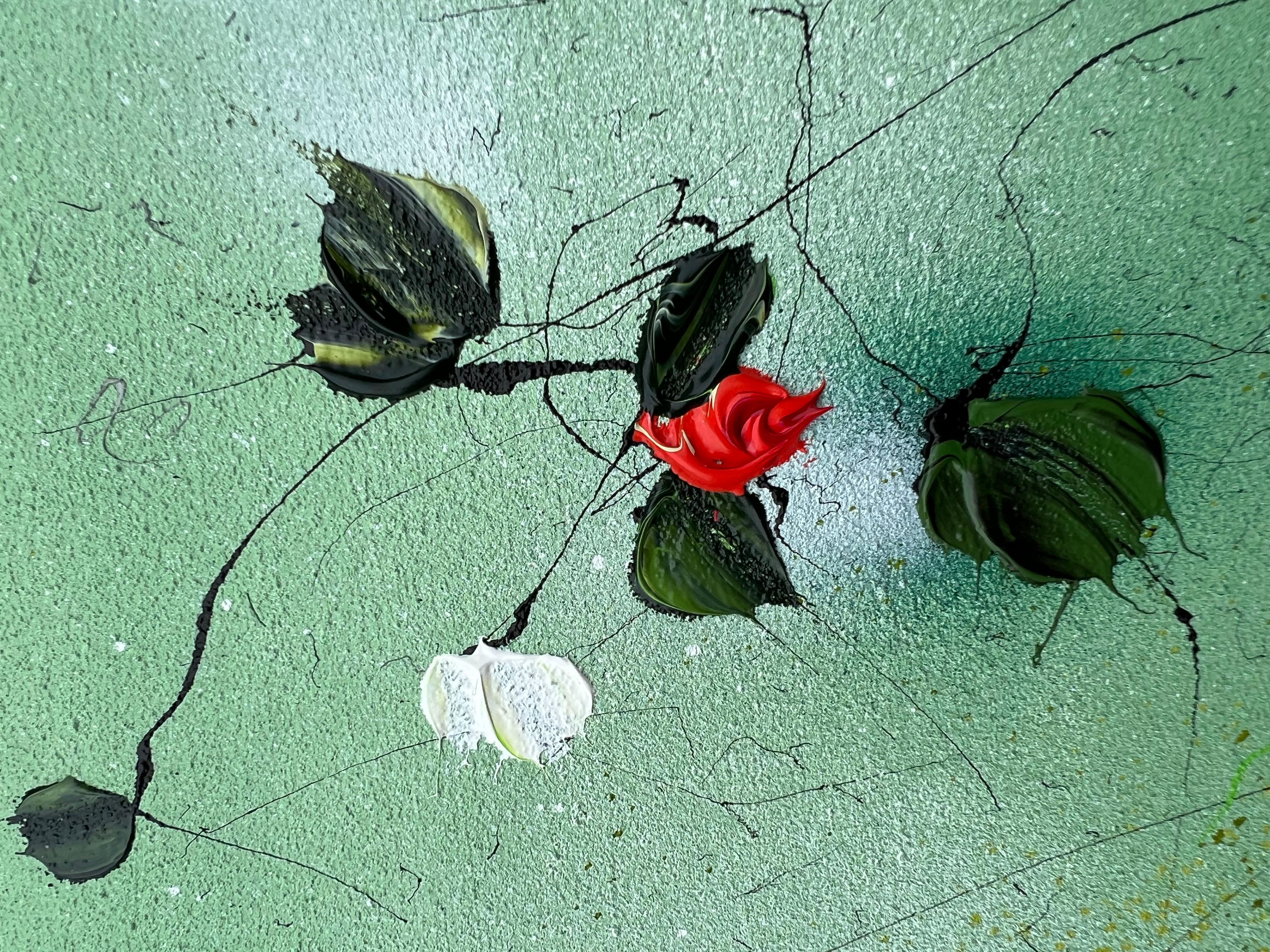 Peinture moderne texturée vert profond Akai Hanabira, roses rouges en vente 7