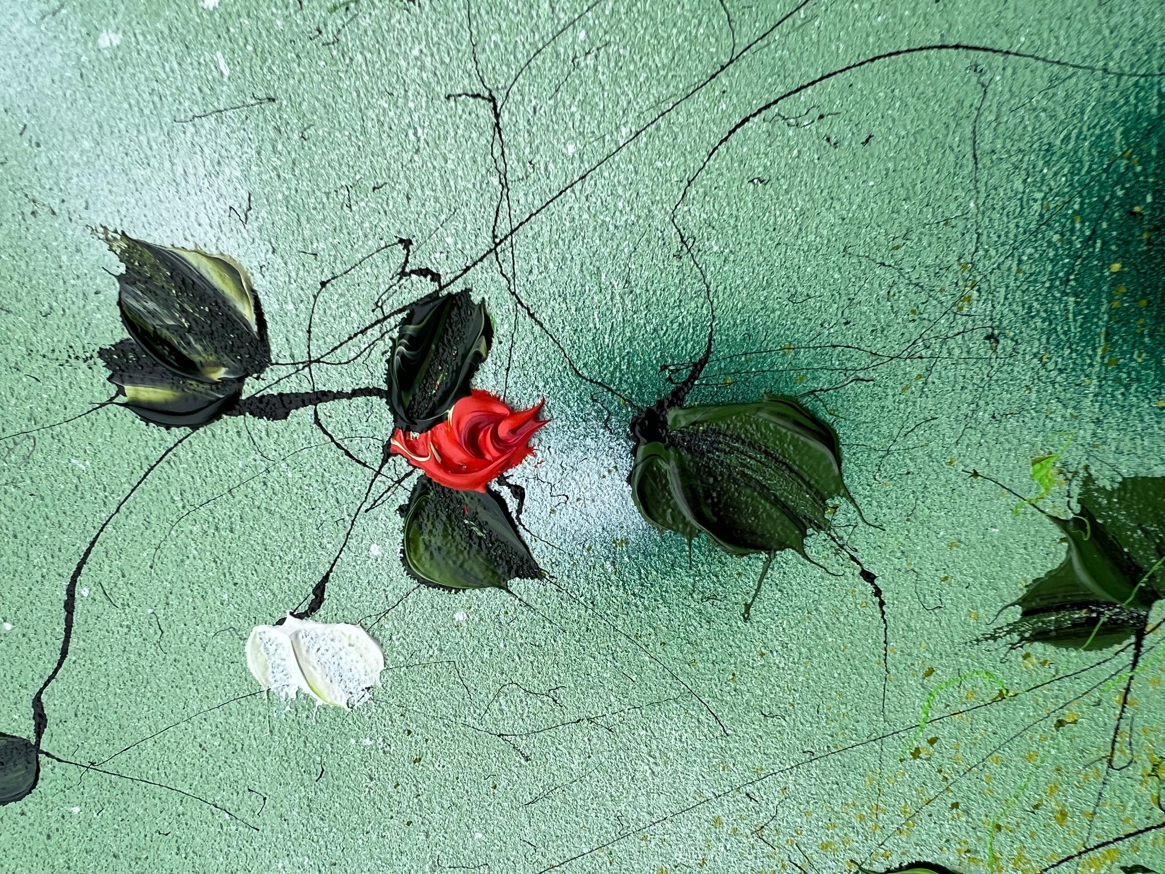 Peinture moderne texturée vert profond Akai Hanabira, roses rouges - Painting de Anastassia Skopp