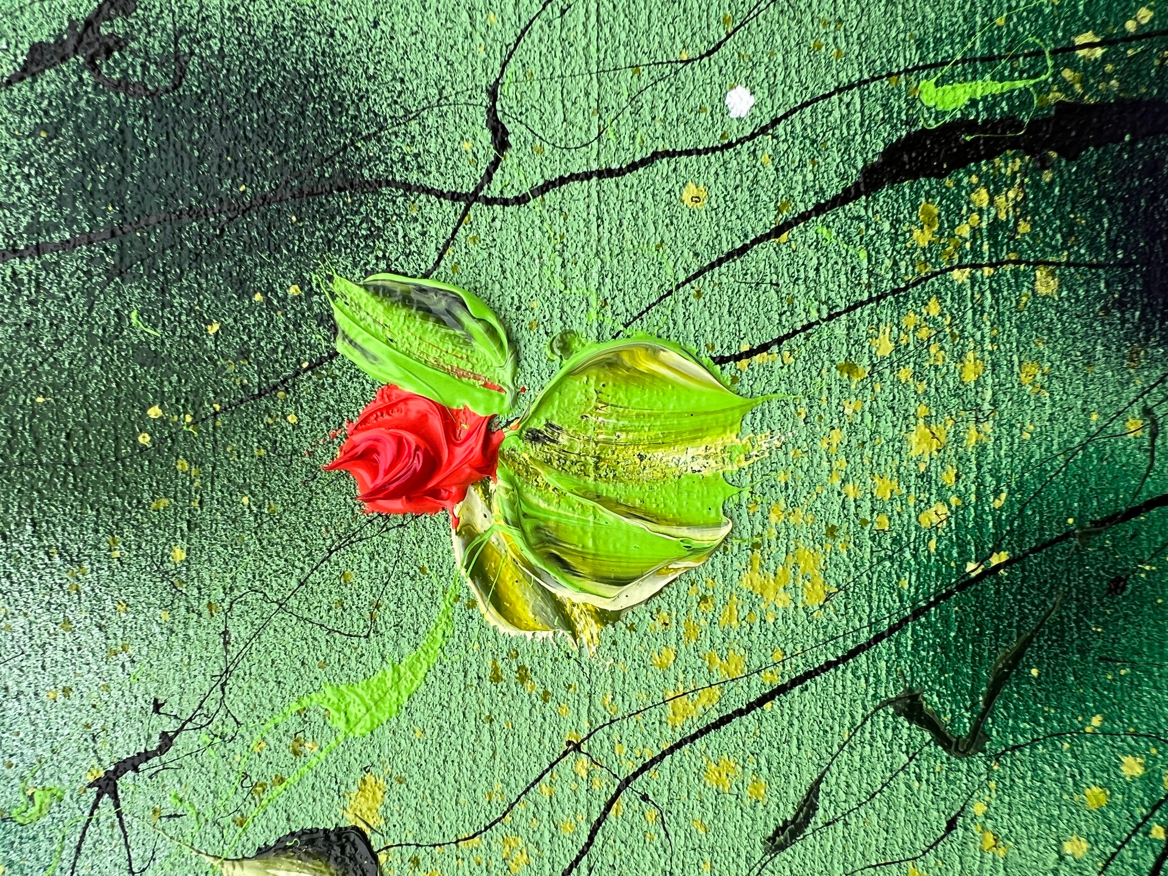 Peinture moderne texturée vert profond Akai Hanabira, roses rouges en vente 1