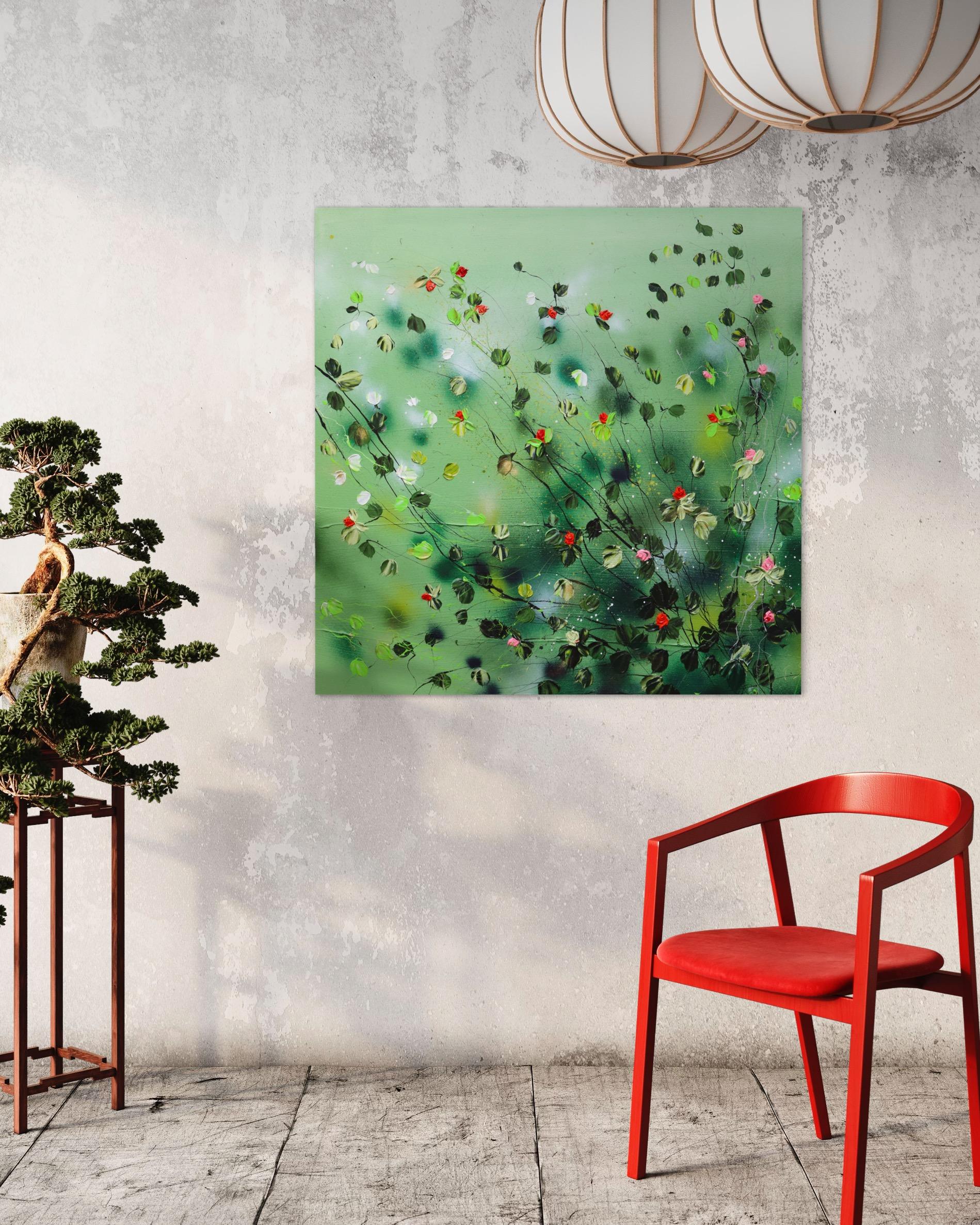 Peinture moderne texturée vert profond Akai Hanabira, roses rouges en vente 3