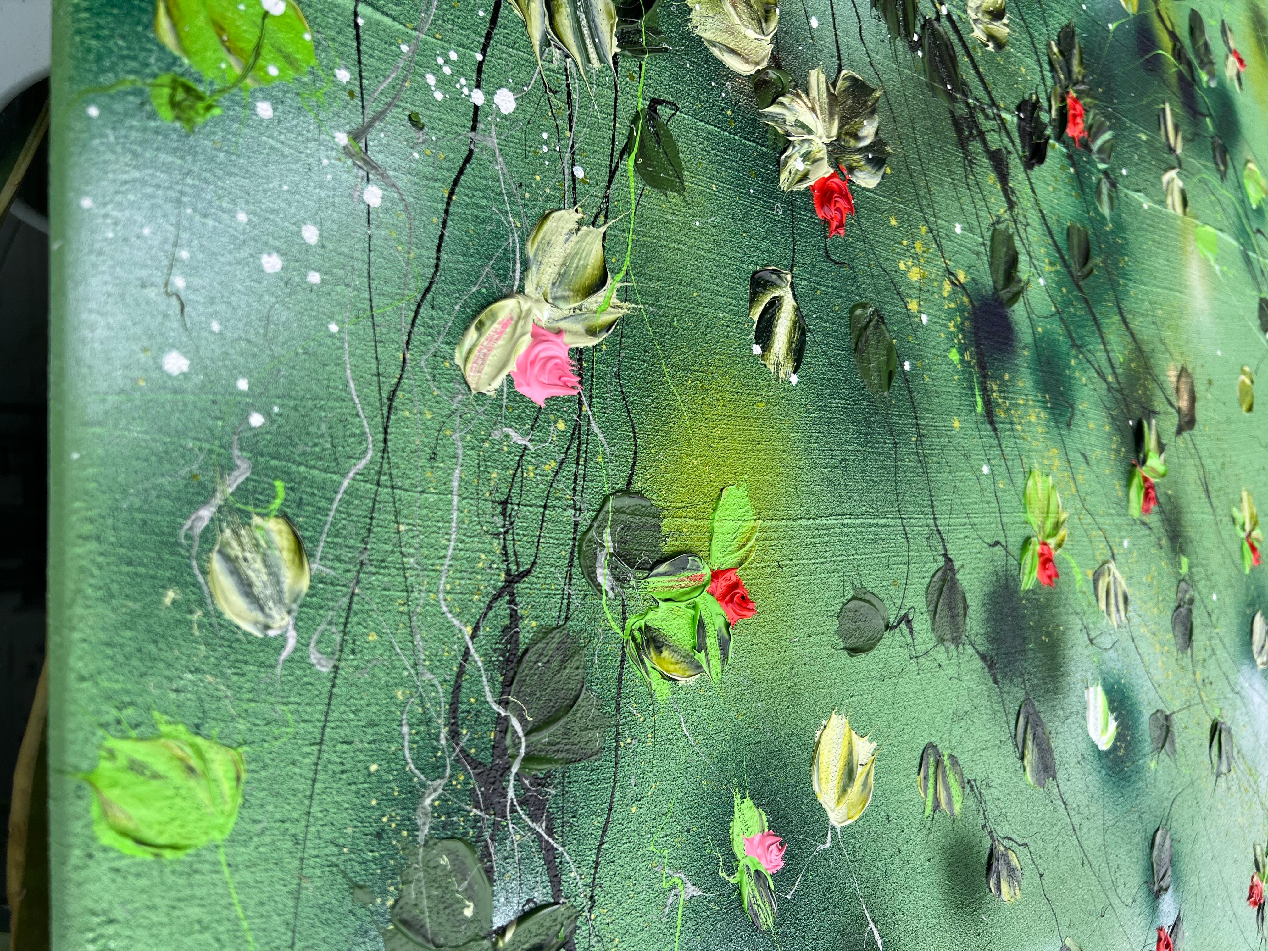 Peinture moderne texturée vert profond Akai Hanabira, roses rouges en vente 4