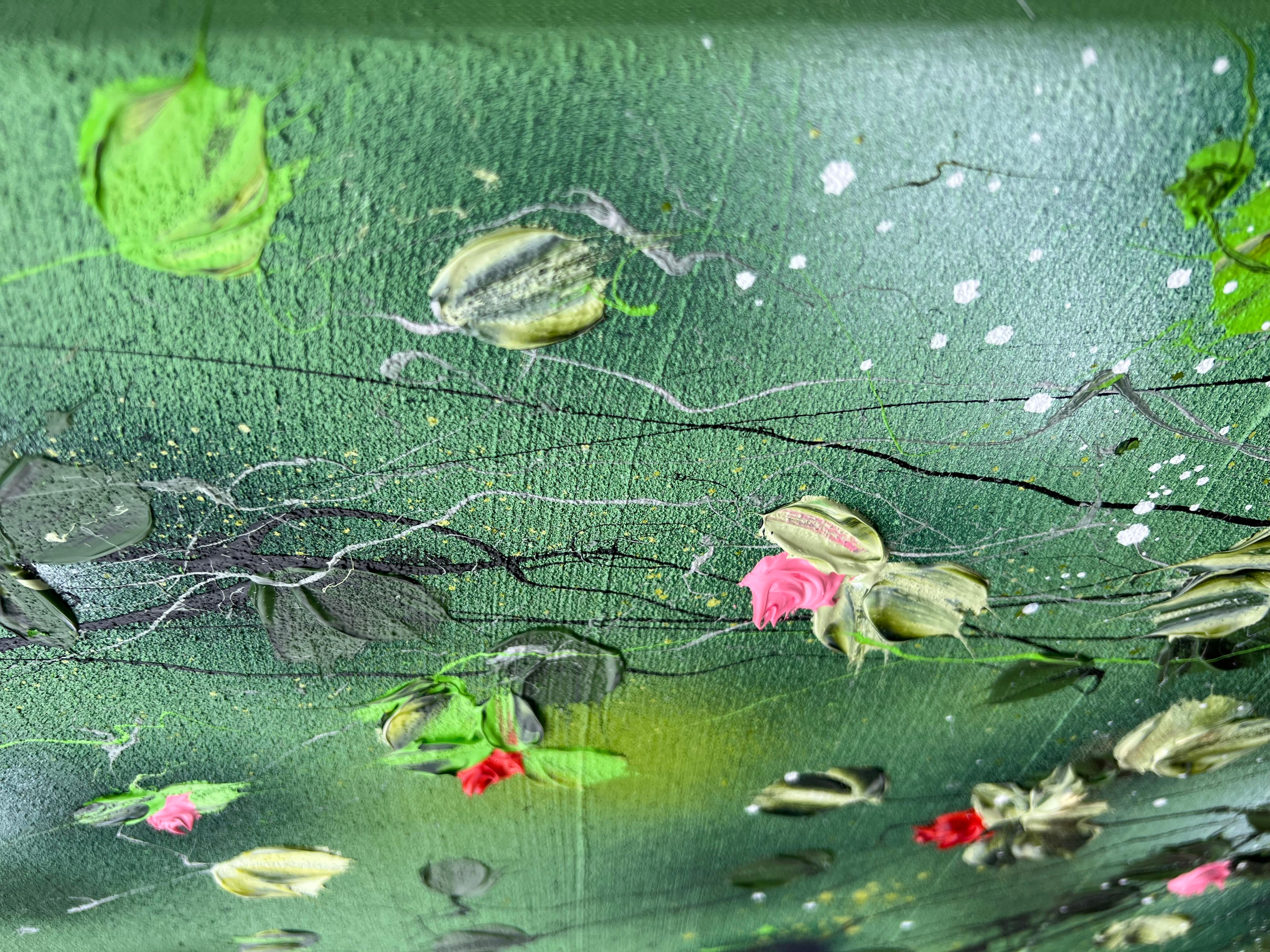 Peinture moderne texturée vert profond Akai Hanabira, roses rouges en vente 5
