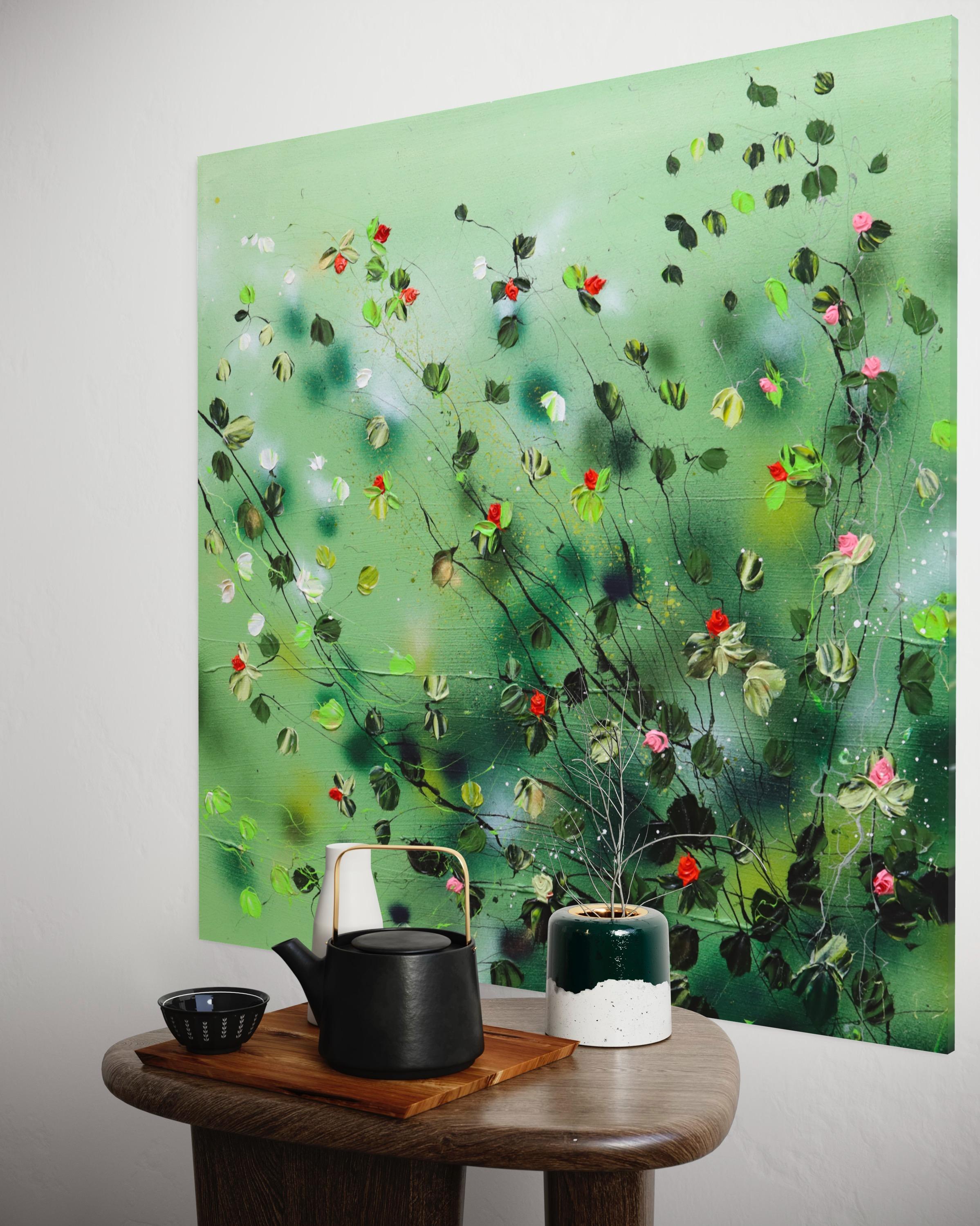 Modernes strukturiertes grünes Blumengemälde „Akai Hanabira“ im Angebot 10