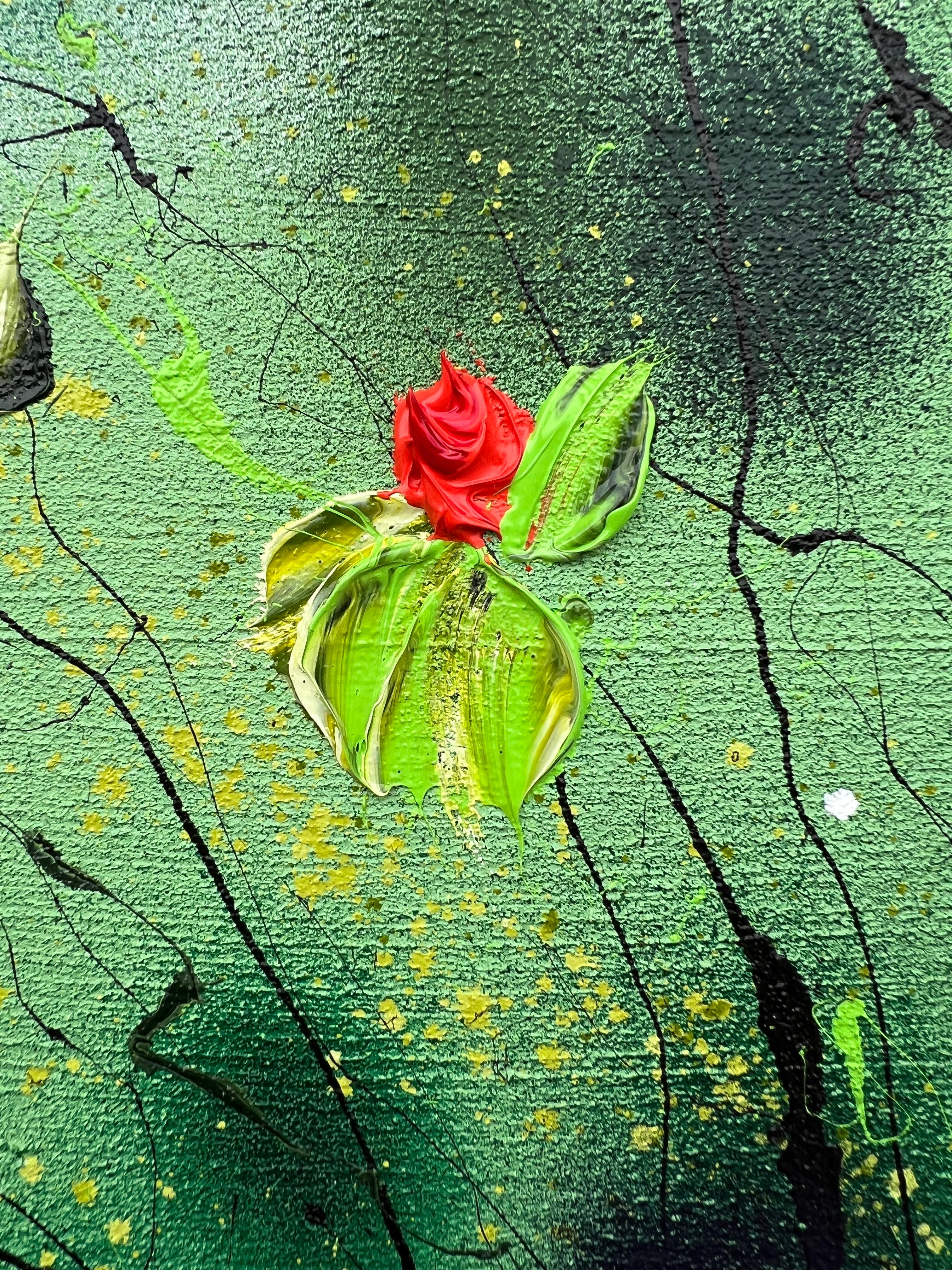 Modernes strukturiertes grünes Blumengemälde „Akai Hanabira“ – Painting von Anastassia Skopp