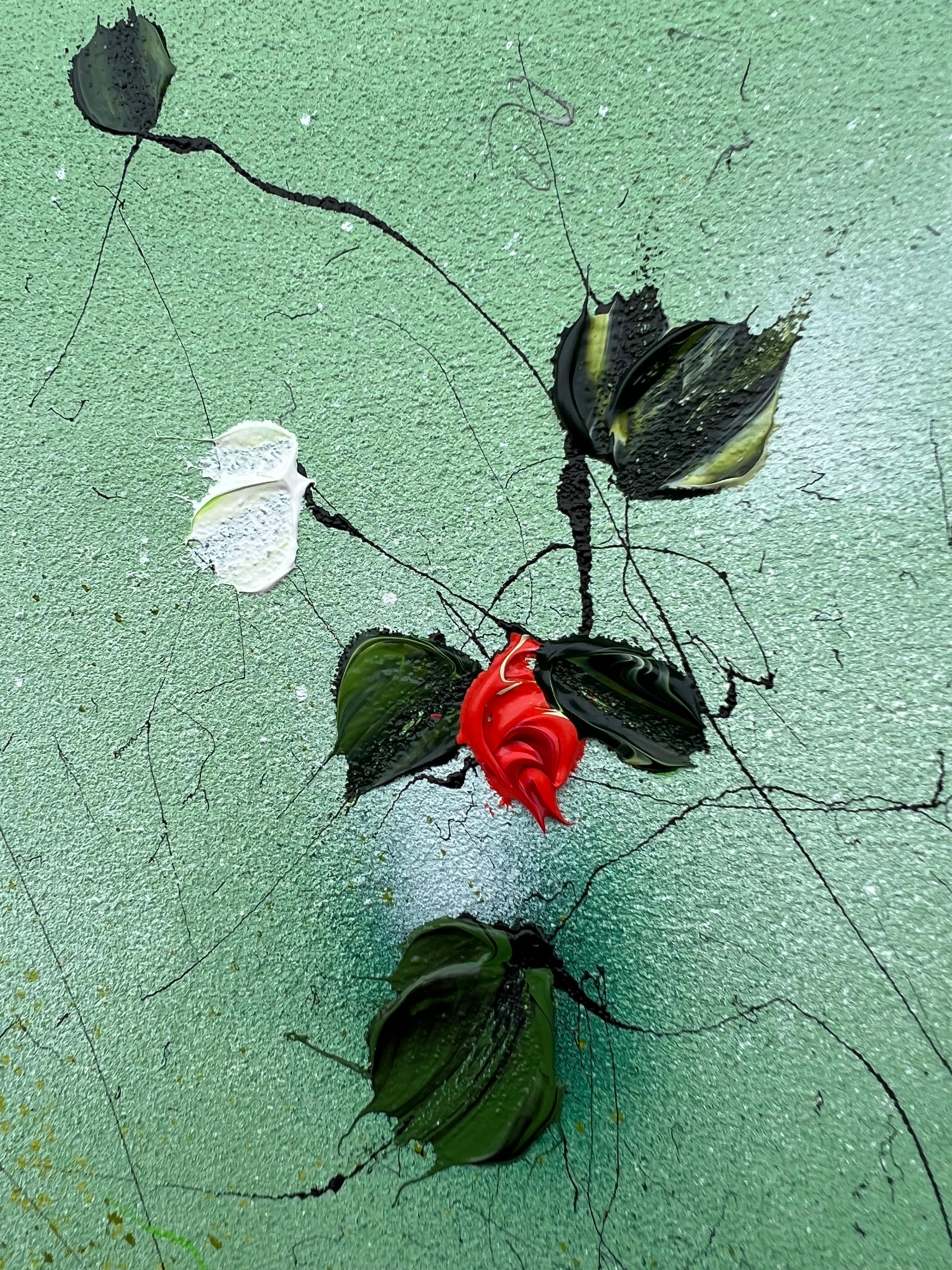 Modernes strukturiertes grünes Blumengemälde „Akai Hanabira“ im Angebot 2