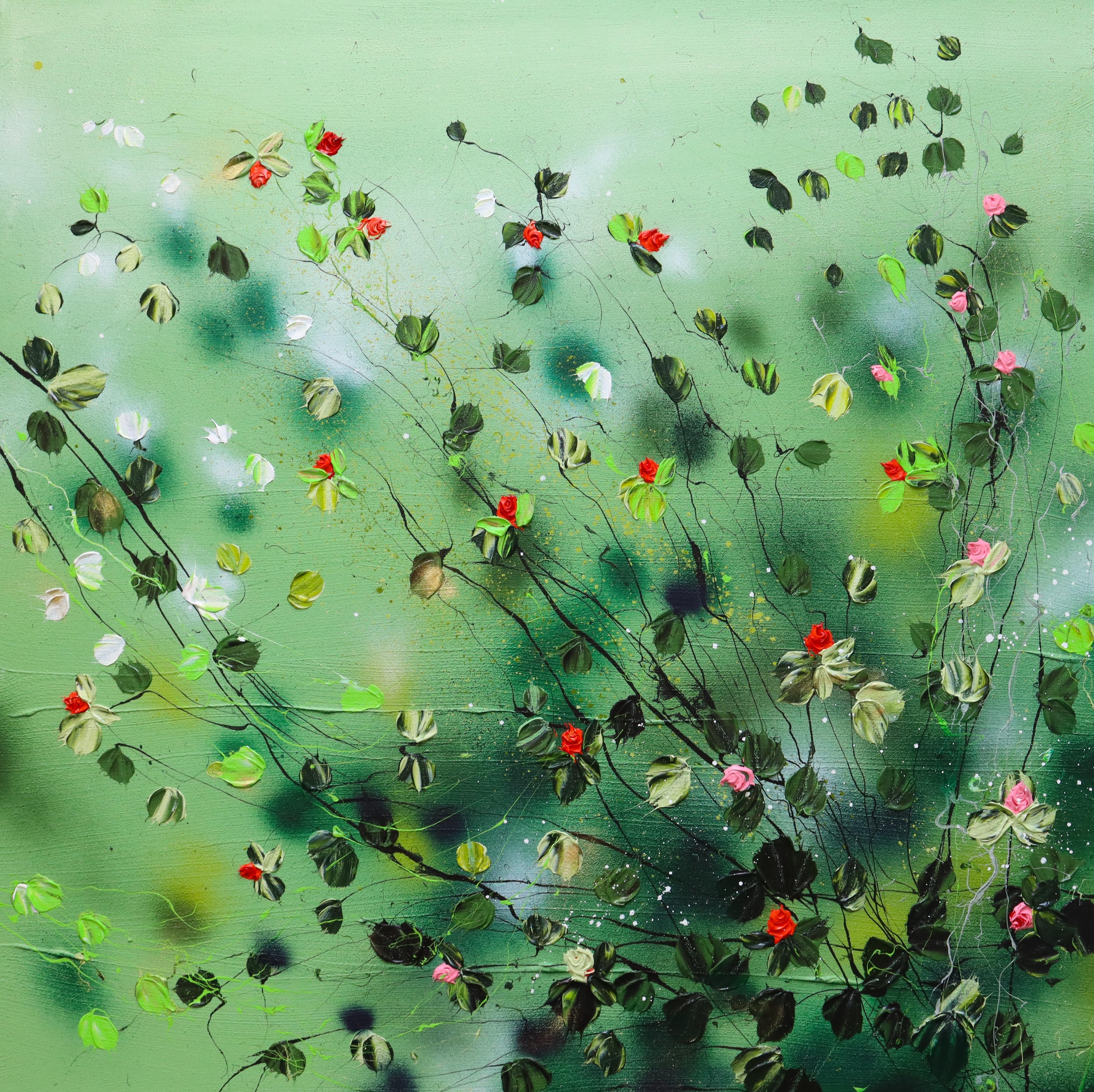 Anastassia Skopp Abstract Painting – Modernes strukturiertes grünes Blumengemälde „Akai Hanabira“