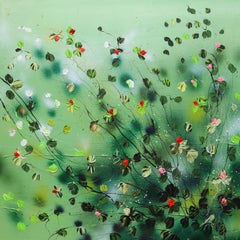 "Akai Hanabira" moderno cuadro floral verde texturado