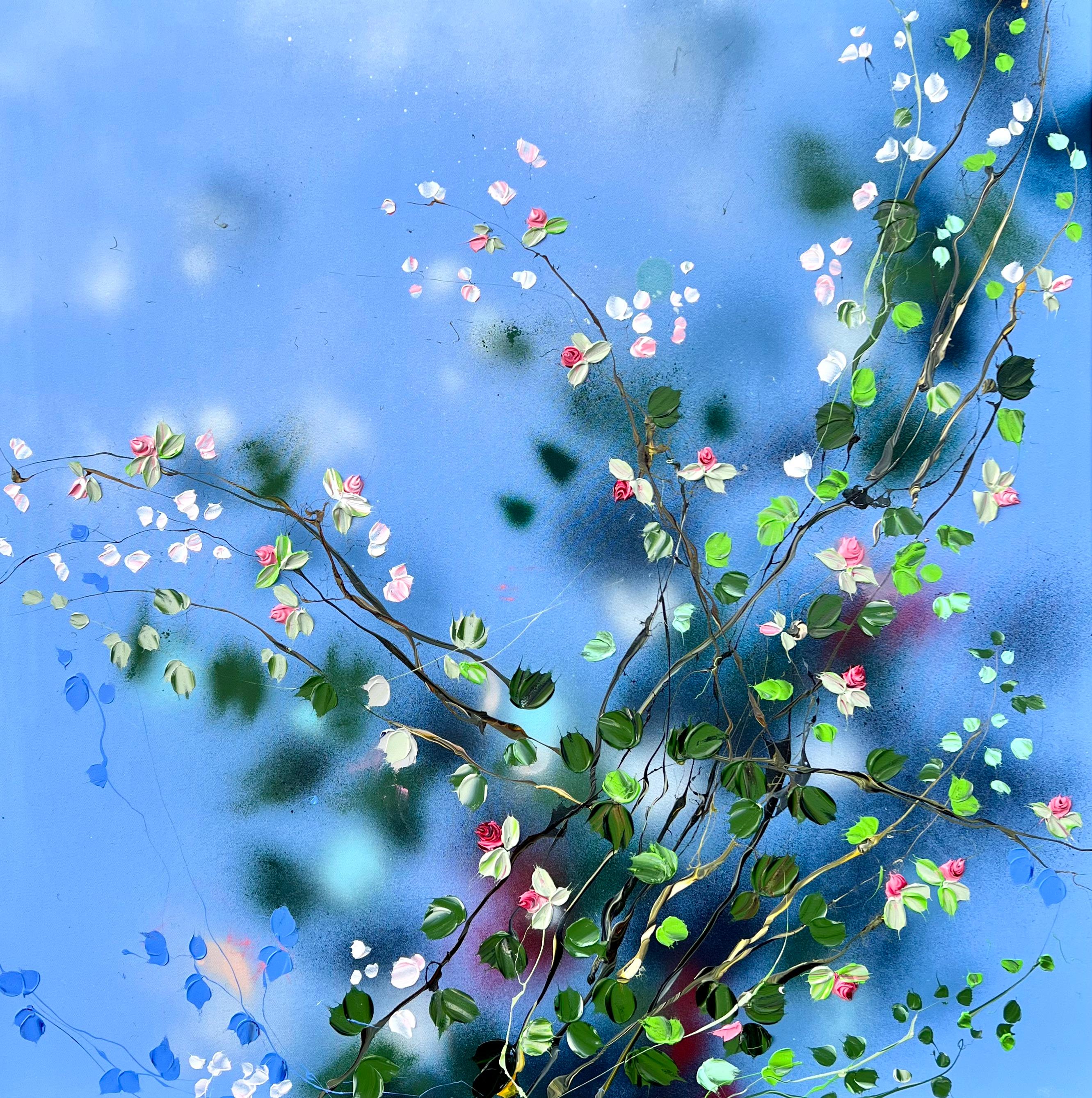 "Beautiful Nothing" quadrato floreale impressionista  pittura blu su tela