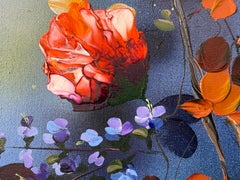 "Before it Cools" impressionistic painting, colorful flowers on linen canvas
