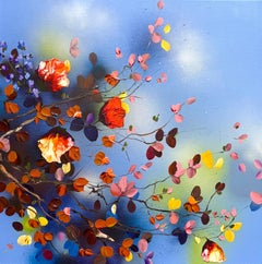 "Before it Cools" impressionistic painting, colorful flowers on linen canvas