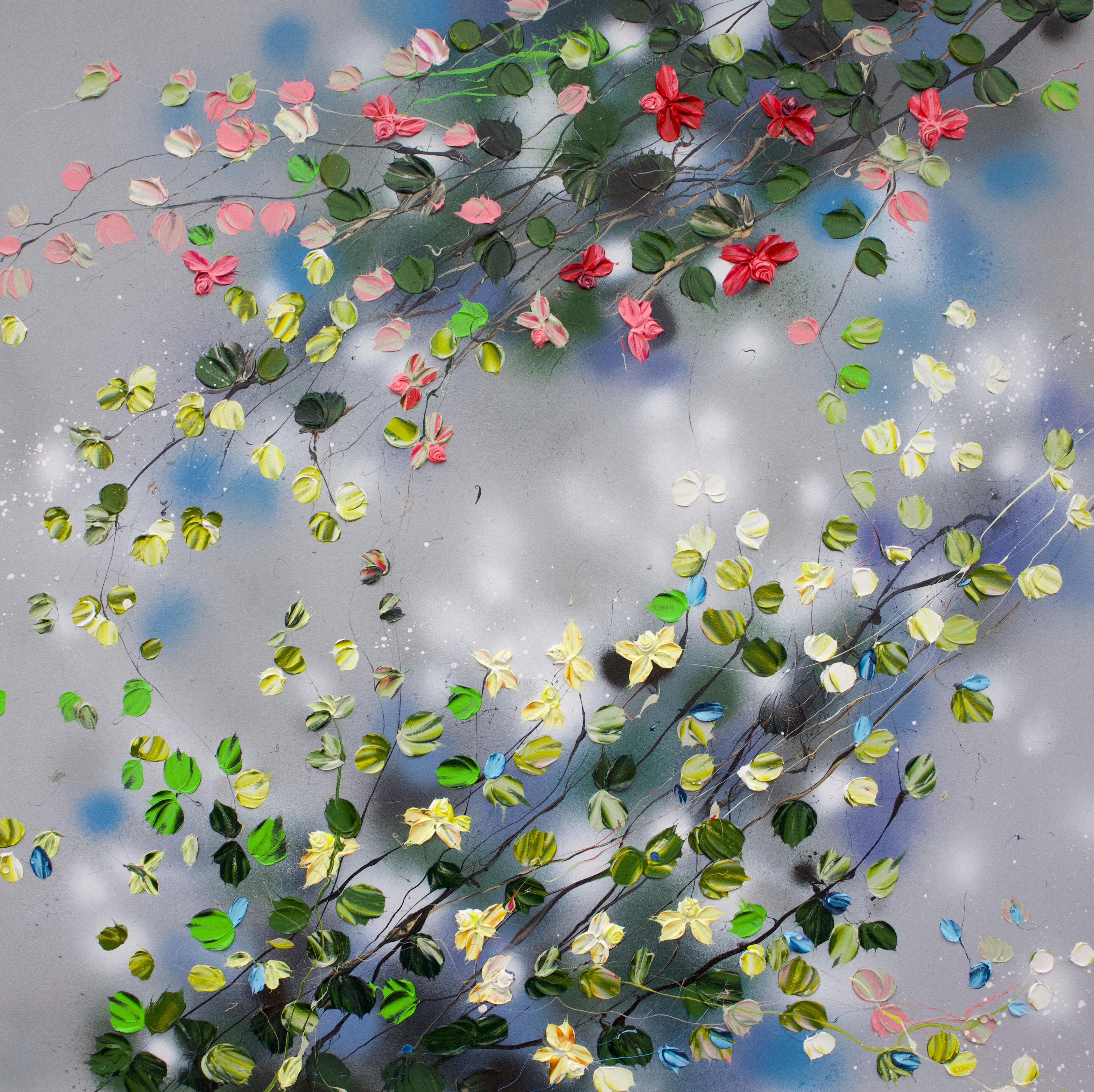 "Blooms after Rain" quadrato floreale impressionista  pittura blu su tela