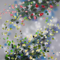 "Blooms after Rain" quadrato floreale impressionista  pittura blu su tela