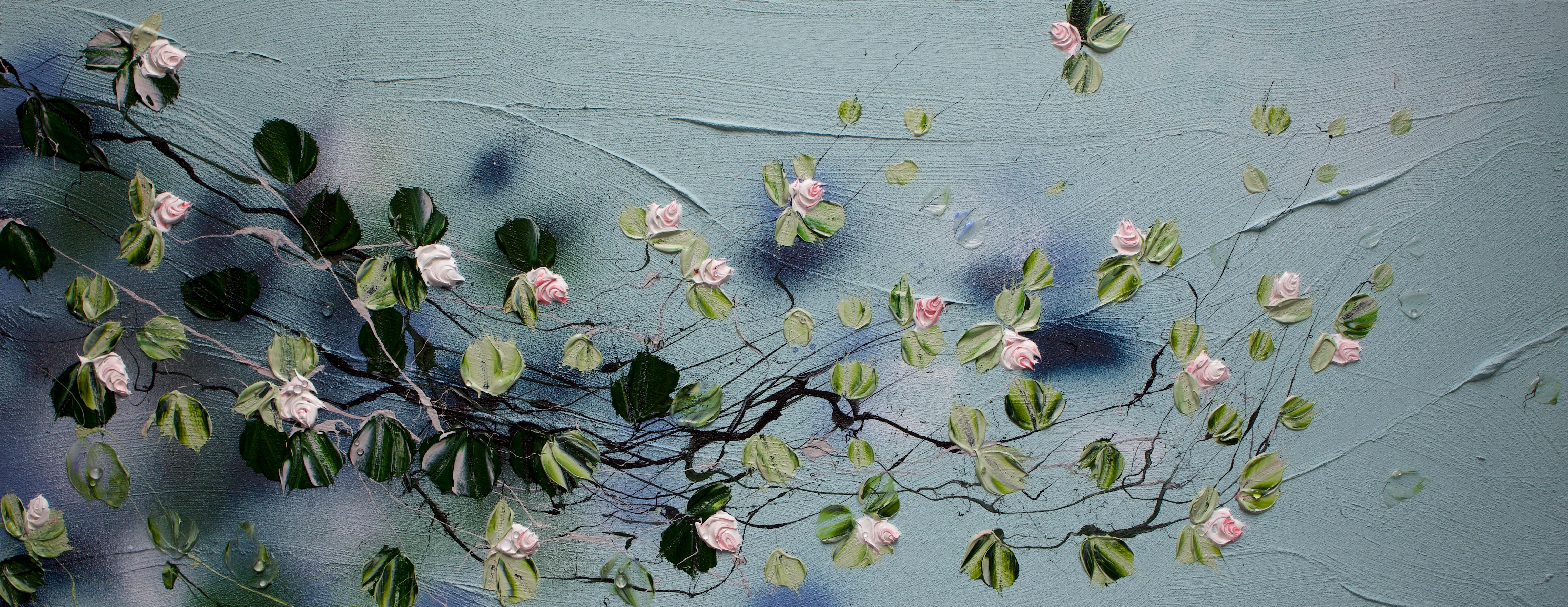 „Blossoming Metamorphosis I“ lange florale Kunst, Landschaftsformat, strukturierte Kunst