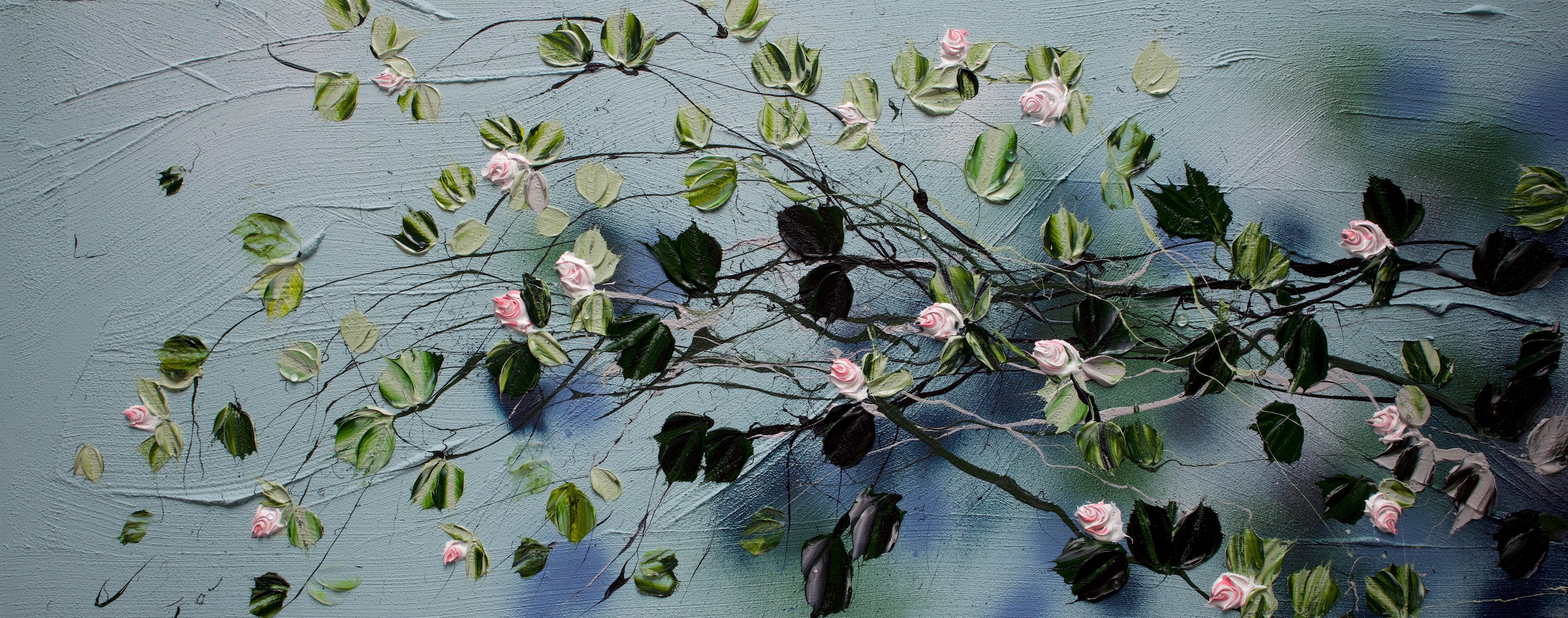 „Blossoming Metamorphosis II“ lange florale Kunst, Landschaftsformat, strukturierte Kunst