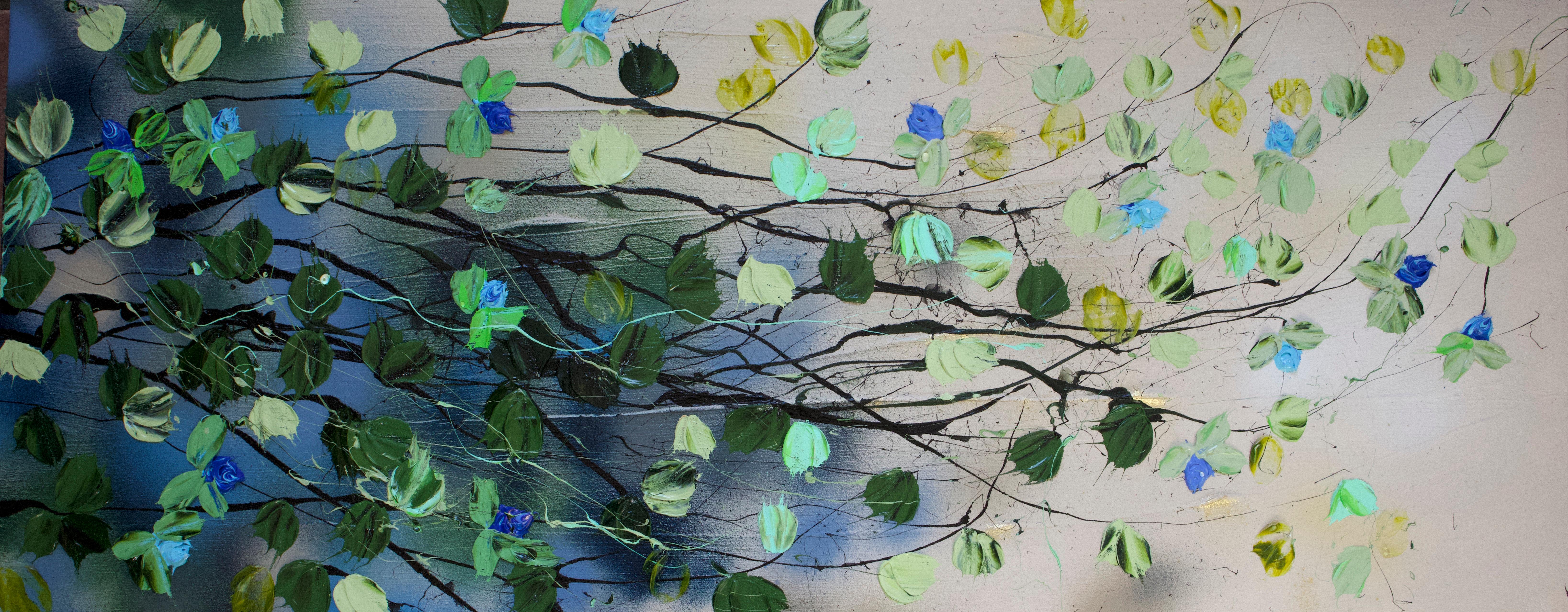 Anastassia Skopp Interior Painting - "BLUE BLOOMS" floral long textured painting, vertical and horizontal format