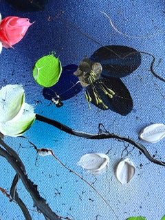 "Blue Canopy" peinture impressionniste 3d avec des fleurs sur toile de lin