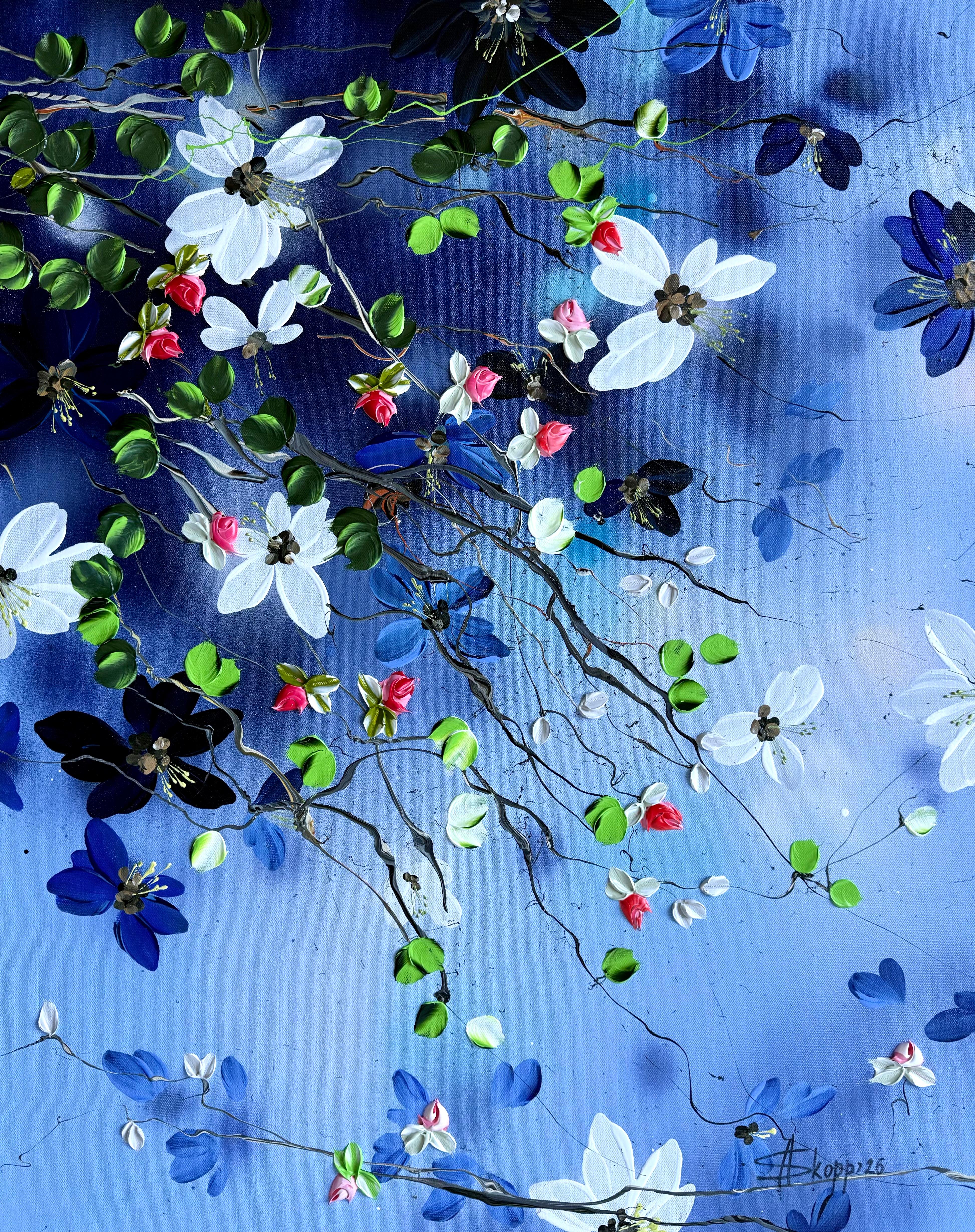 Anastassia Skopp Interior Painting - "Blue Canopy" bright 3d impressionistic painting with flowers on linen canvas