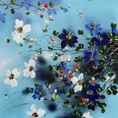 "Blue Flow" bright 3d impressionistic painting with flowers on linen canvas