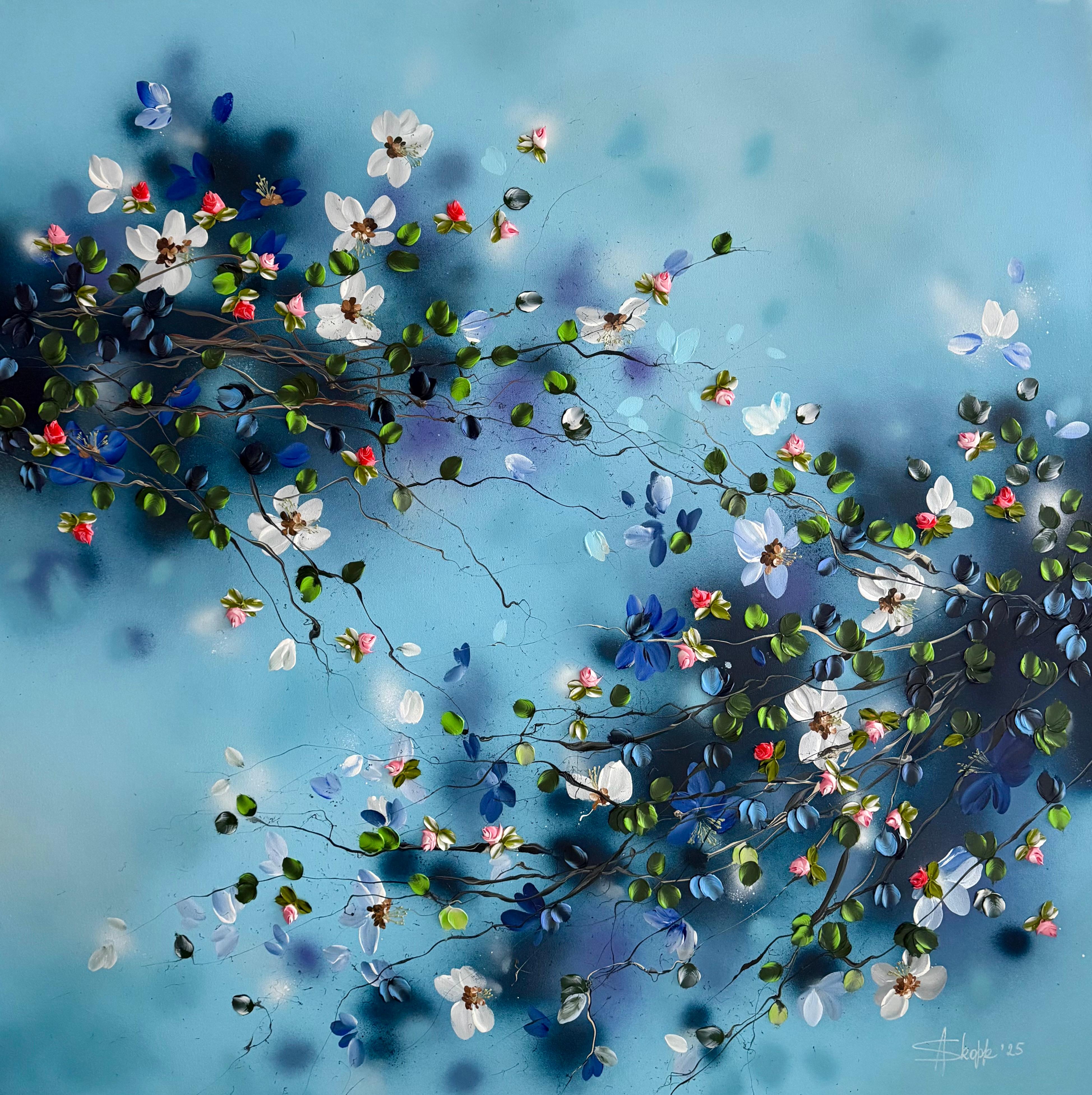 Anastassia Skopp Interior Painting - "Blue Garden" xxl painting on cotton canvas, rose garden, blue, dark blue, 3d