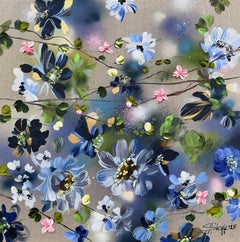 "Blue-Rose Garden" -  original impressionistic painting with flowers on linen