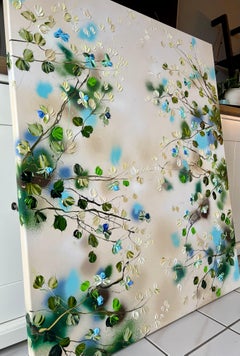 "Blue Rose Stroll" large beige blue floral art on canvas, vertical format