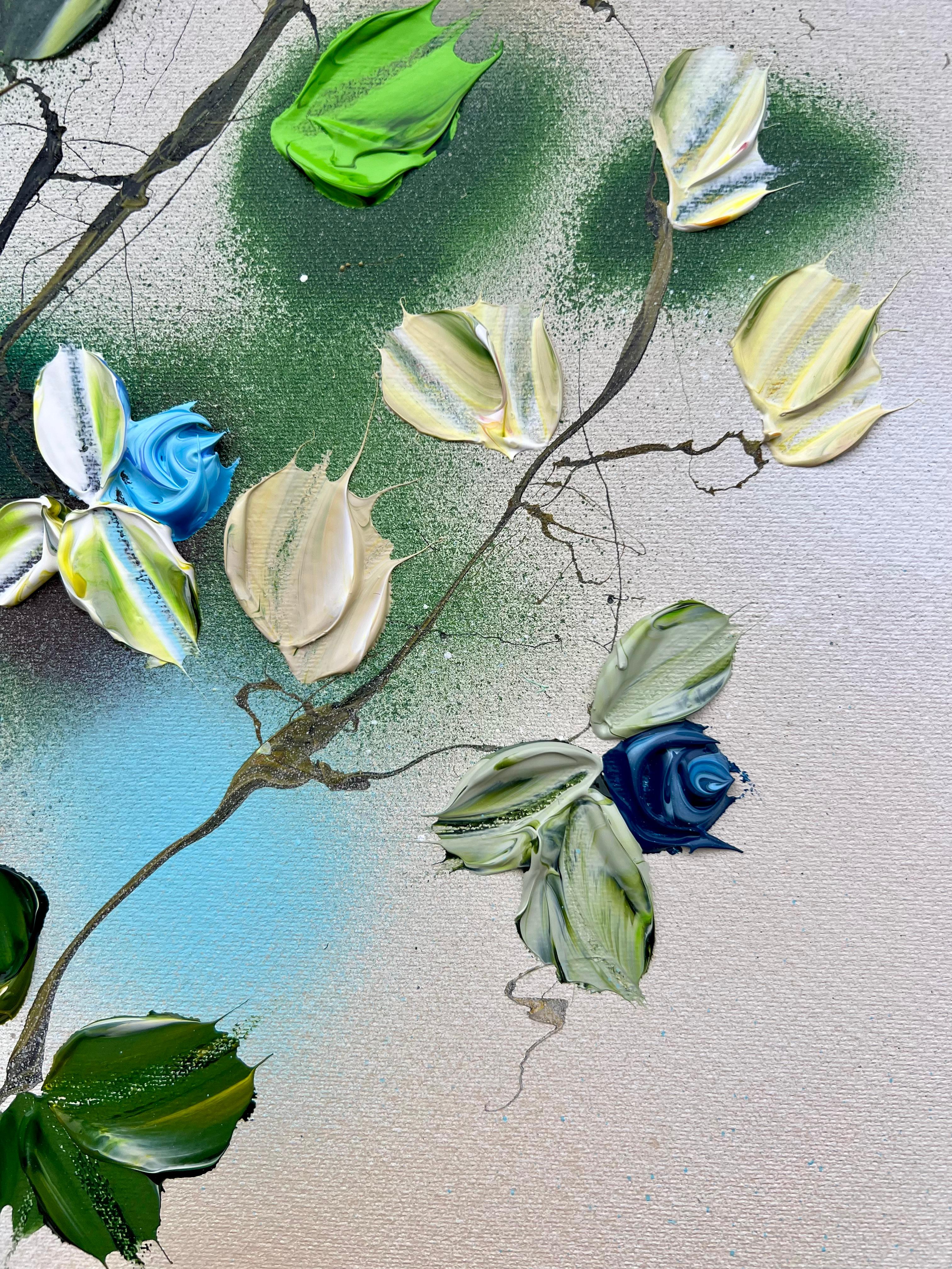 Abstract textured acrylic painting on canvas, measuring 100x120x4 cm (39.4 x 47.2 x 1.6 inches), titled 'Blue Rose Stroll.' This Mixed Media artwork on gallery-wrapped canvas is ready to grace your space without the need for framing. The sides are