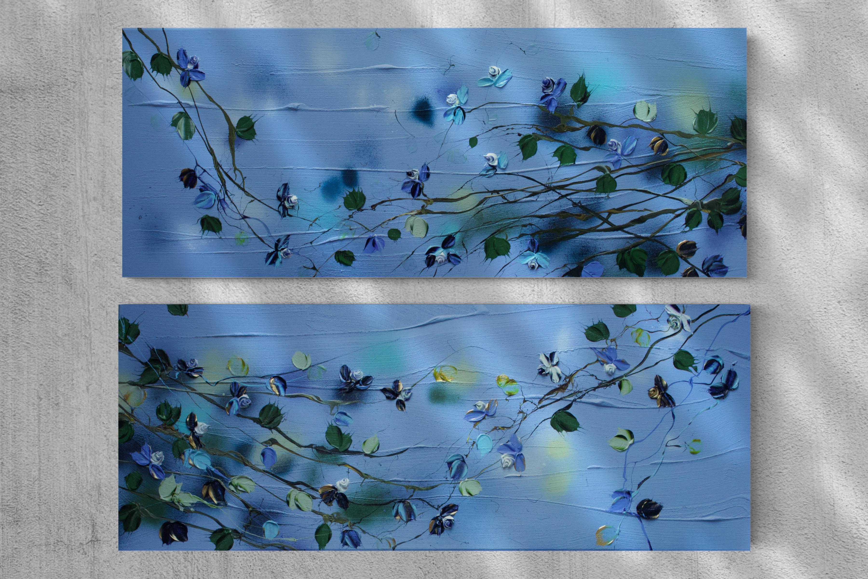 „Blue Spring“ florales, strukturiertes Gemälde auf Leinwand im Angebot 7