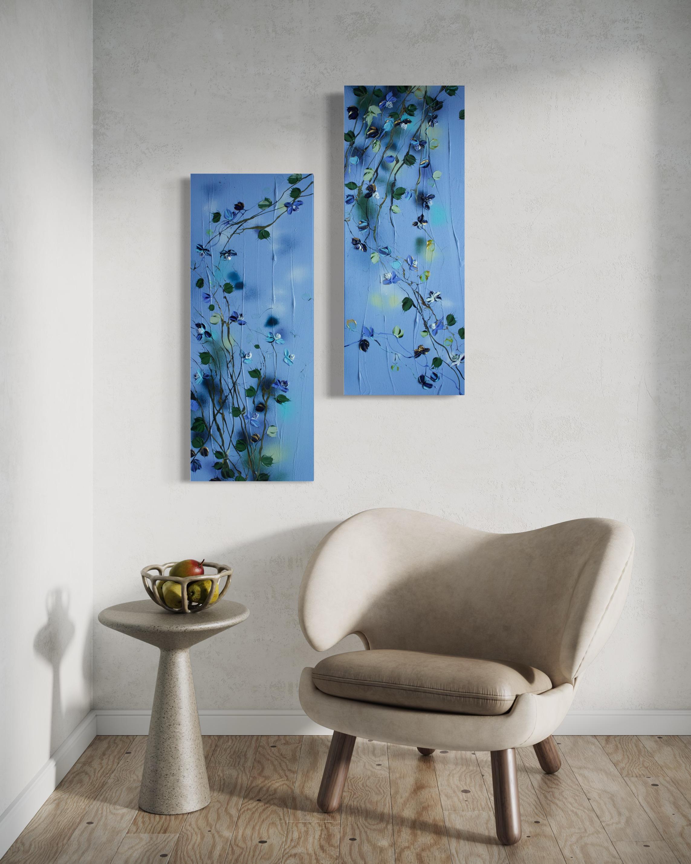 „Blue Spring“ florales, strukturiertes Gemälde auf Leinwand im Angebot 9