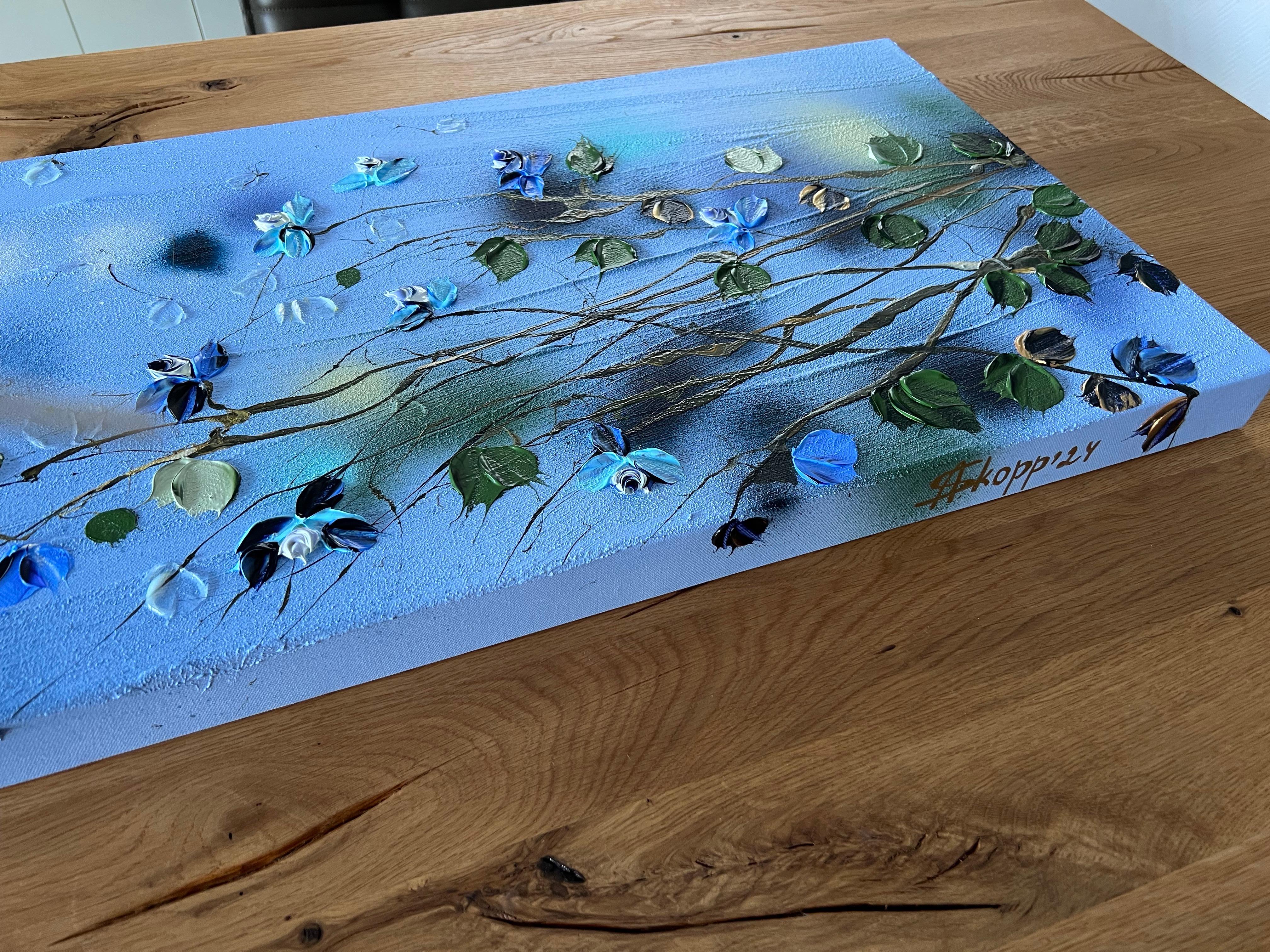 „Blue Spring“ florales, strukturiertes Gemälde auf Leinwand im Angebot 10