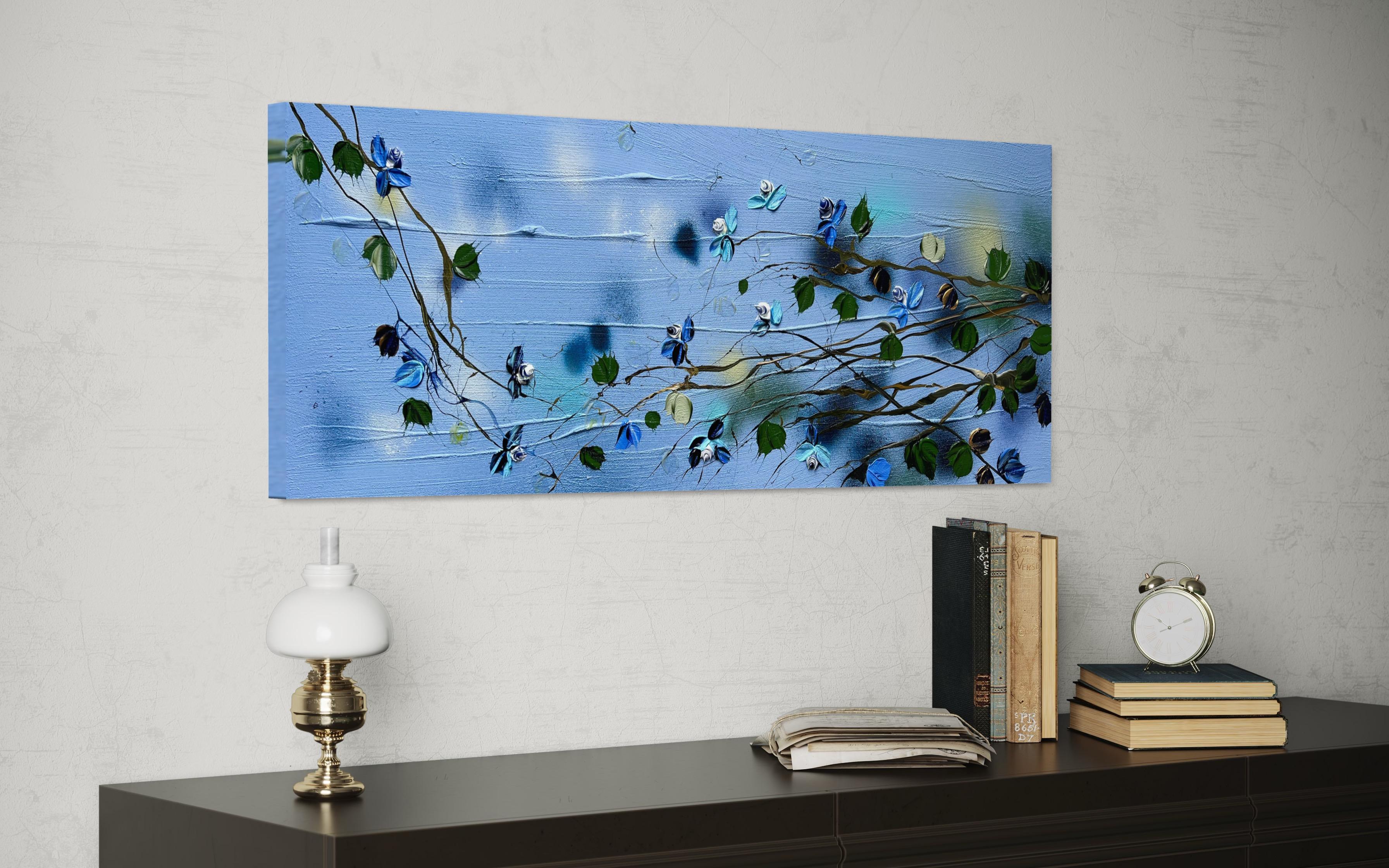 „Blue Spring“ florales, strukturiertes Gemälde auf Leinwand im Angebot 3