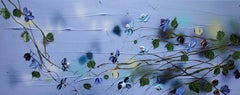"Primavera azul" pintura con textura floral sobre lienzo