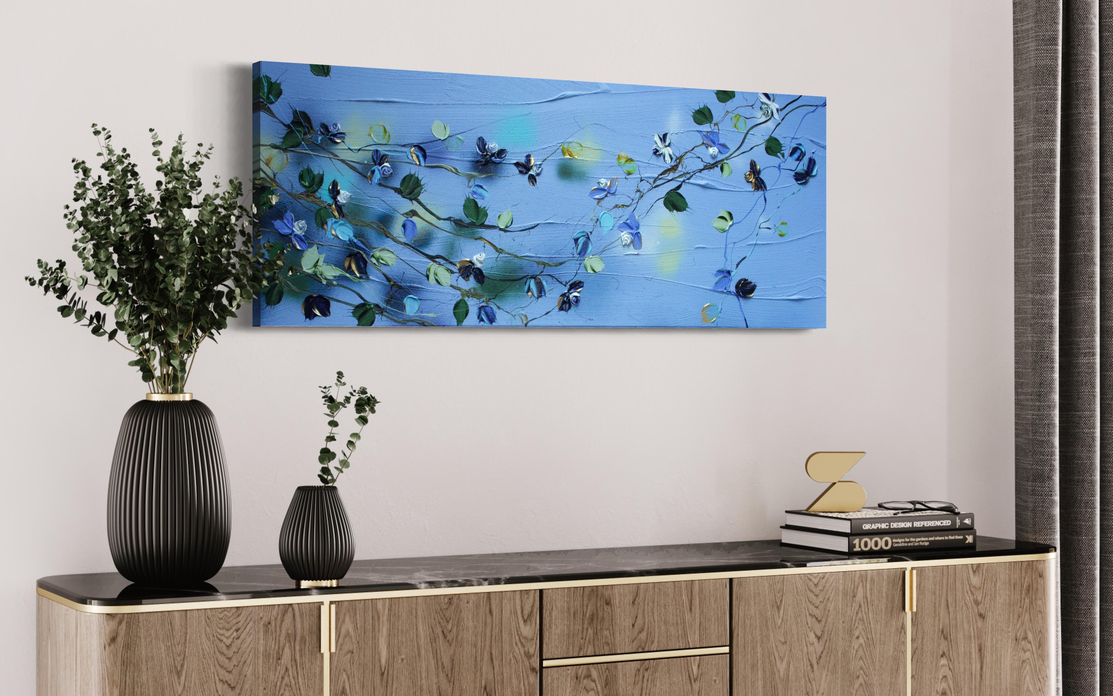 „Blue Spring II“ florale strukturierte Landschaft oder vertikales Format (Blau), Abstract Painting, von Anastassia Skopp