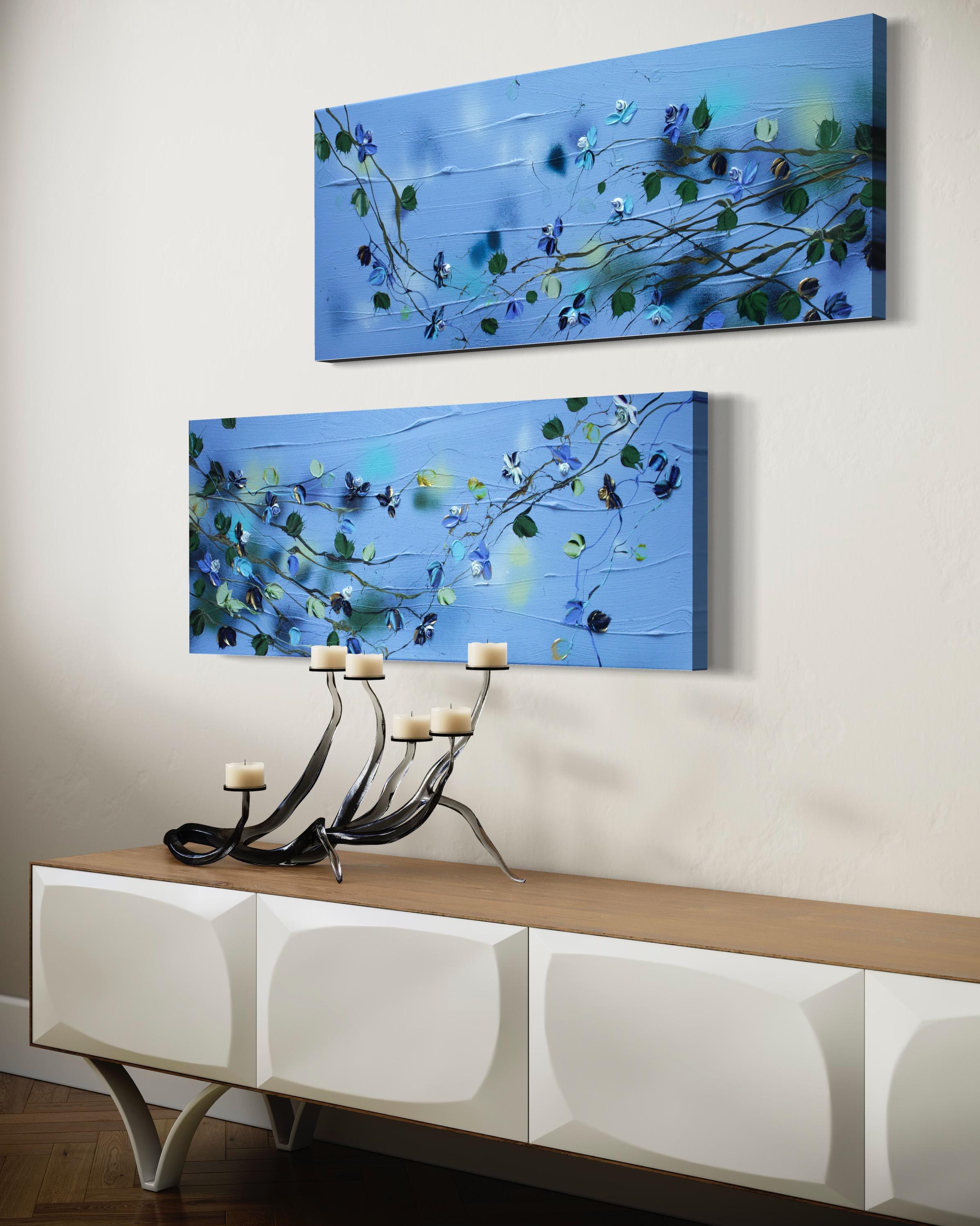 “Blue Spring II” long floral art, landscape format, textured art 9